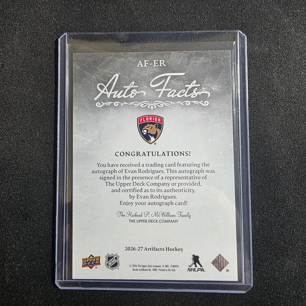 2026-27 Upper Deck Artifacts Auto Facts Evan Rodrigues Autograph Florida Panthers