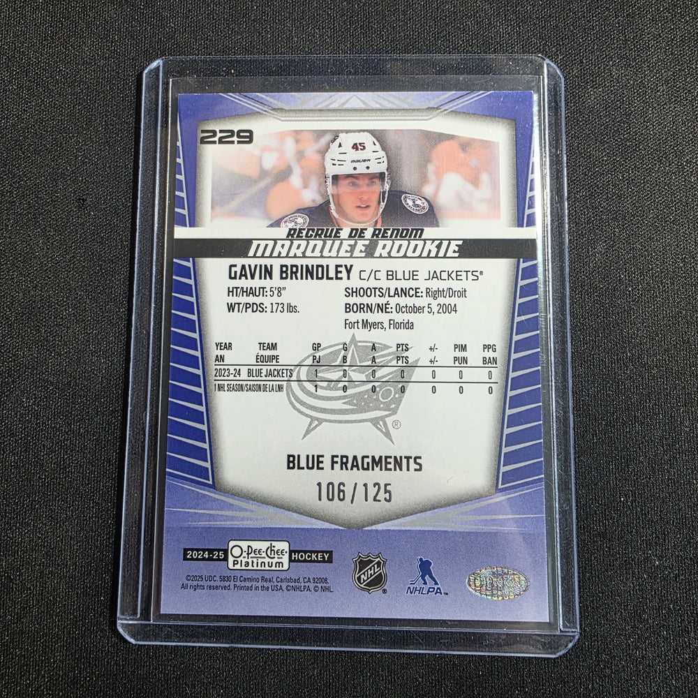 2024-25 O-Pee-Chee Platinum Marquee Rookie Blue Fragments Gavin Brindley 106/125 #229 RC