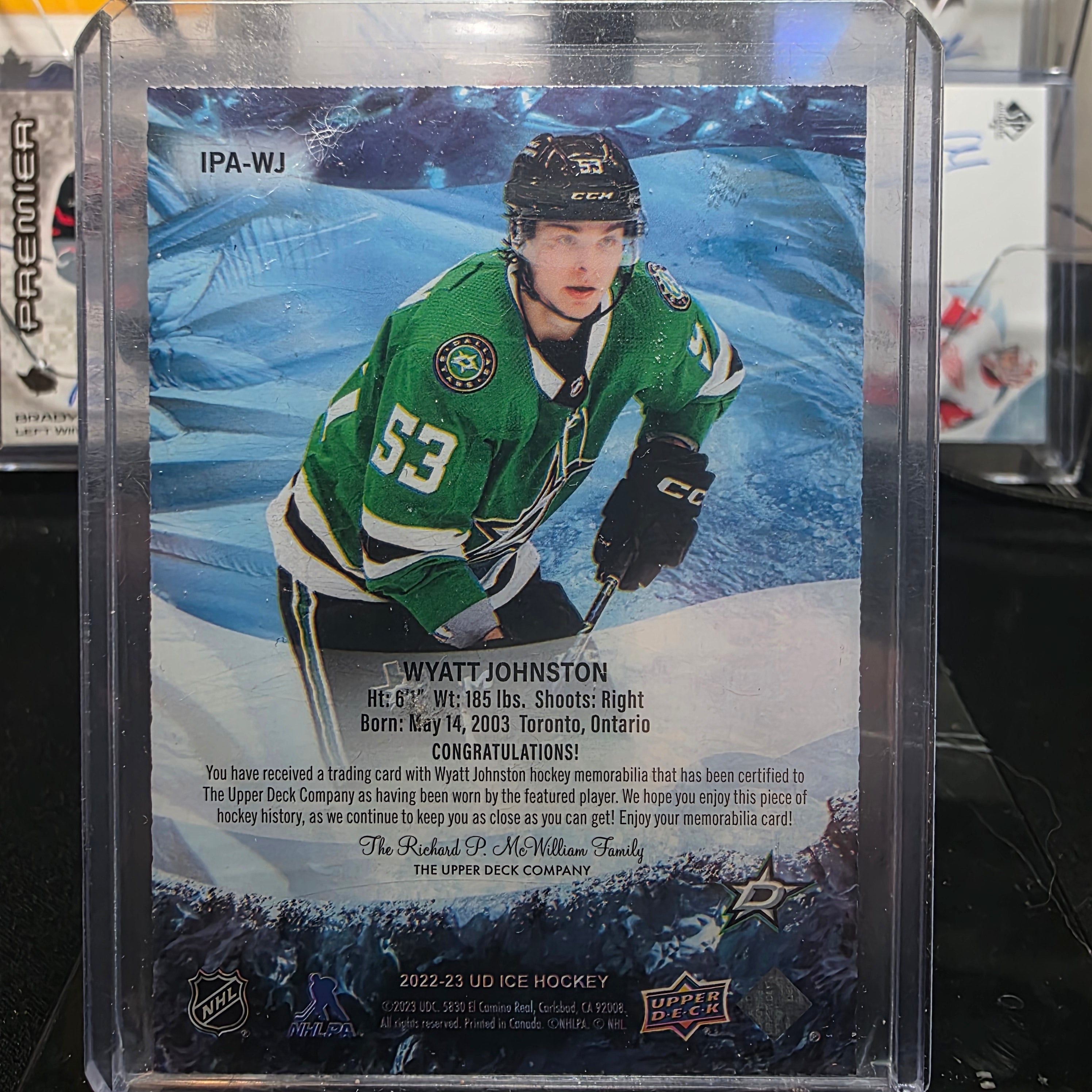 2022-23 Upper Deck Ice Wyatt Johnston IPA-WJ Ice Premieres Jersey Dallas Stars RC