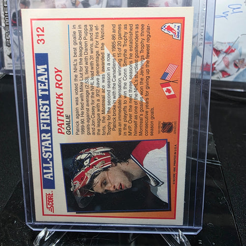 1990-91 Score 312 Patrick Roy 1990 All-Star First Team Montreal Canadiens