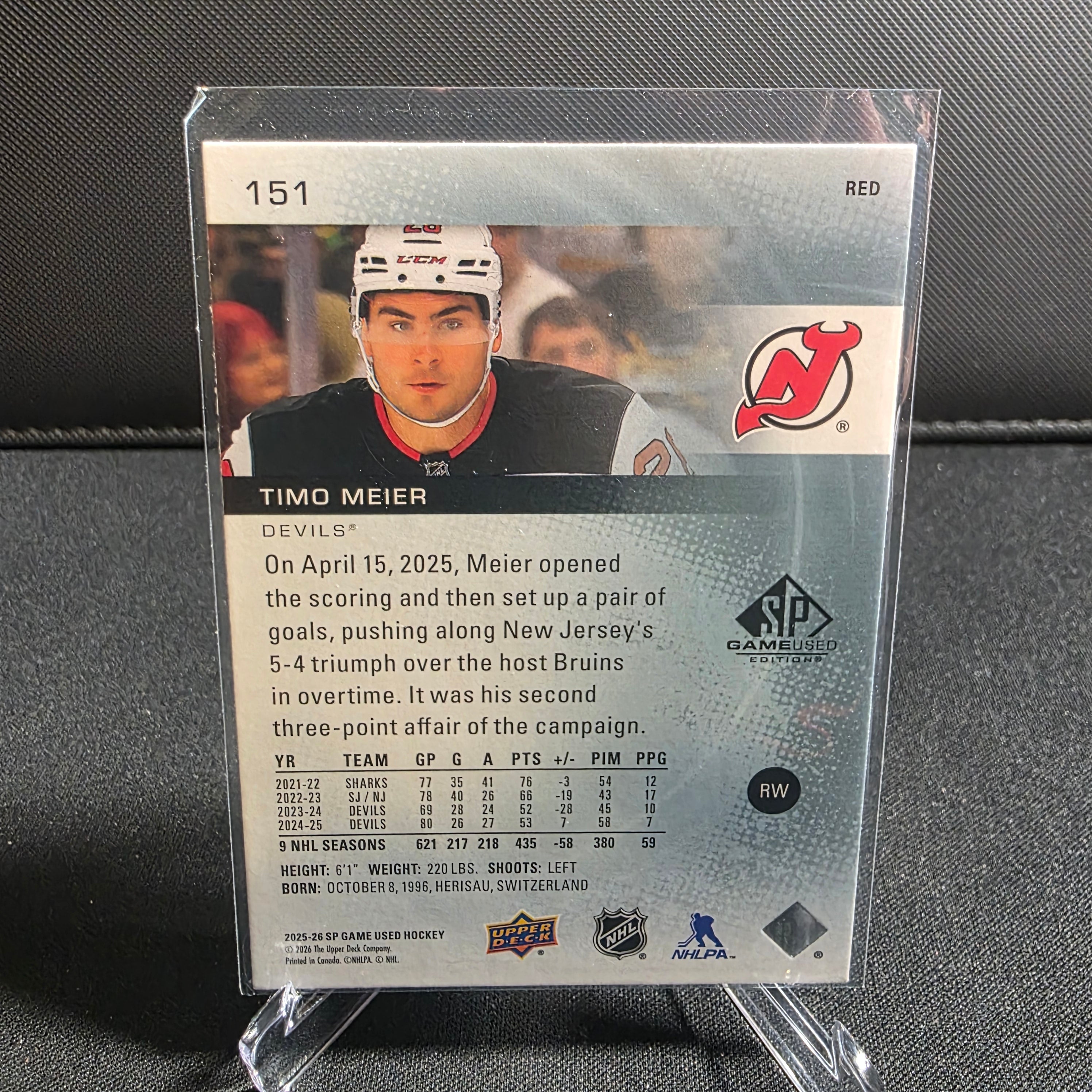 2025-26 SP Game Used Timo Meier Red 151 Devils