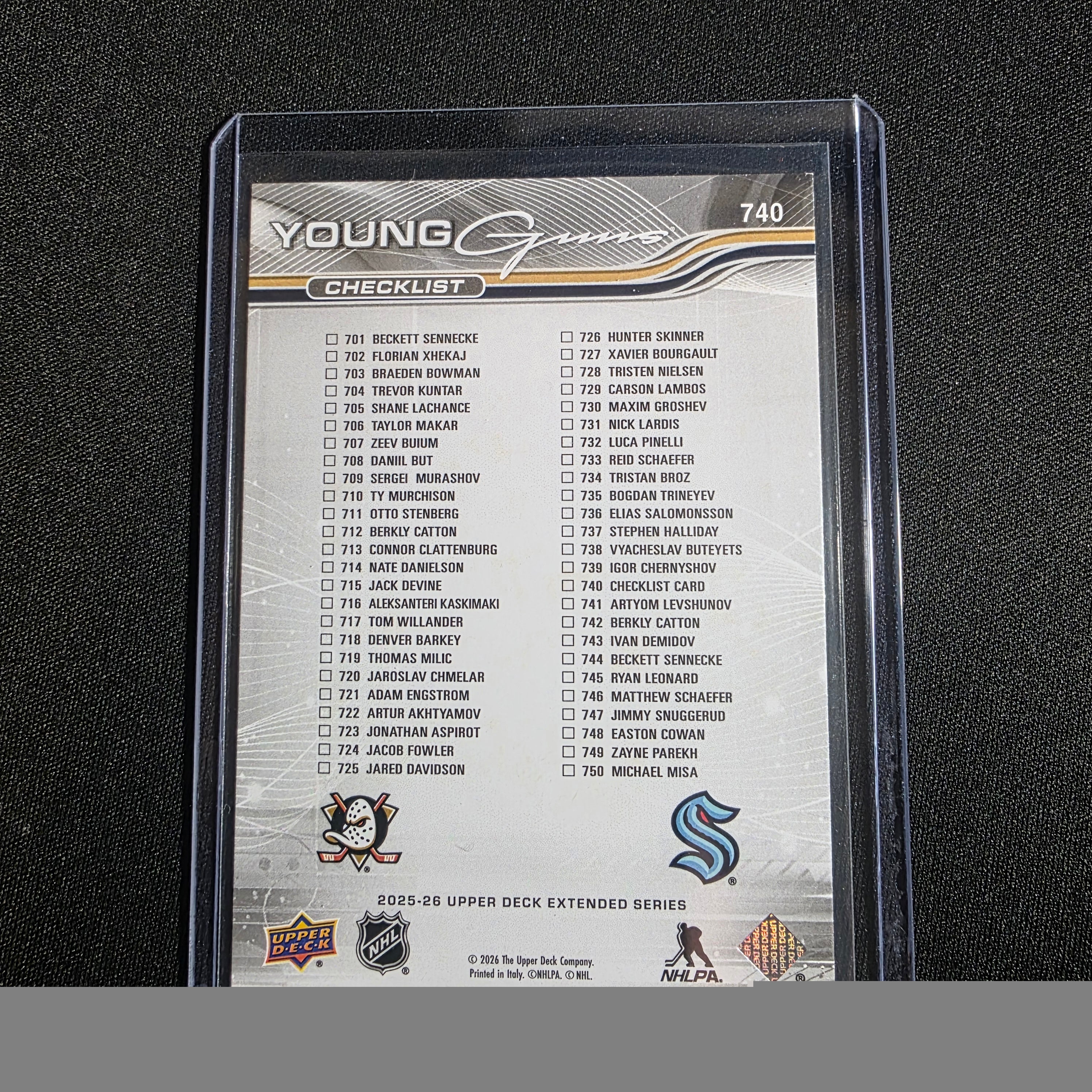 Beckett Sennecke Berkly Catton 2025-26 Upper Deck Extended Young Guns Checklist