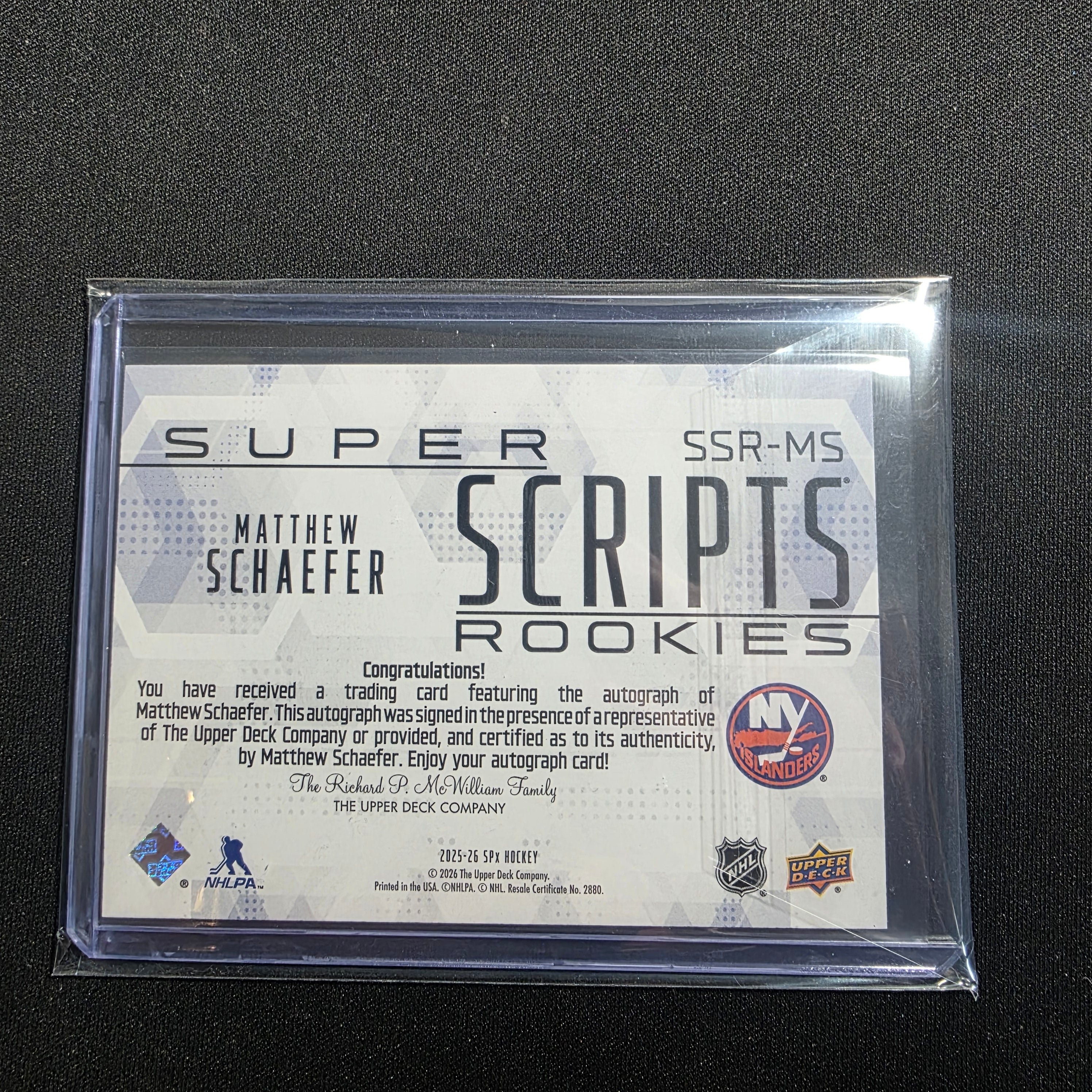 2025-26 Matthew Schaefer Rookie super Scripts