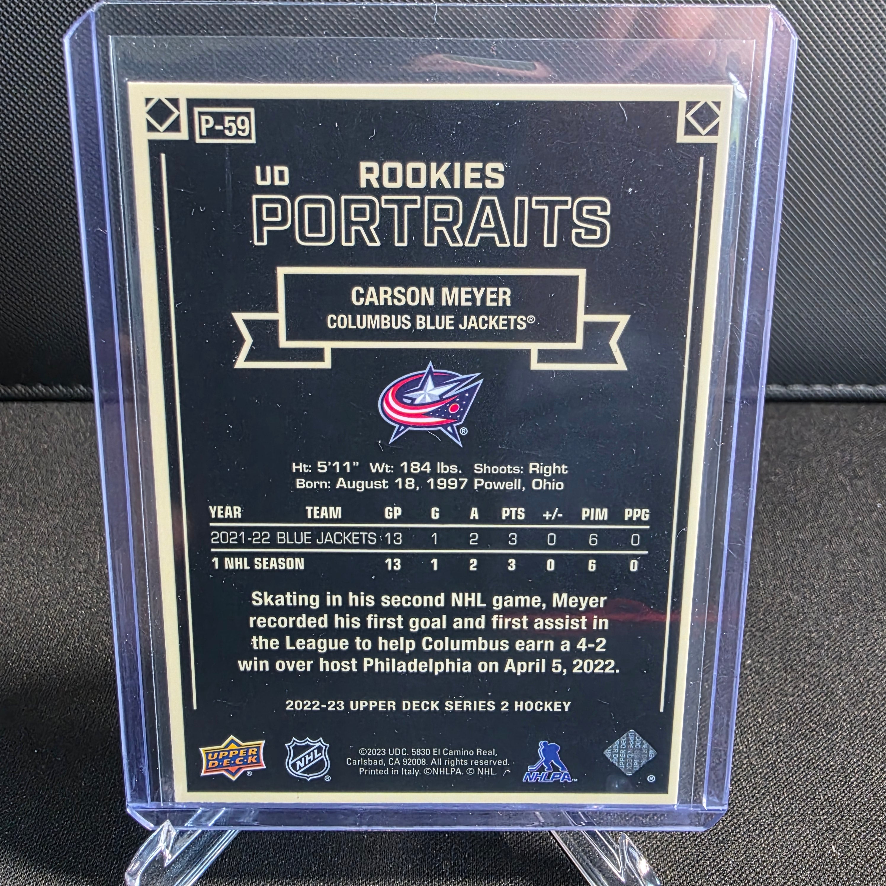 2022-23 Upper Deck Series 2 UD Rookies Portraits P-59 Carson Meyer Columbus Blue Jackets