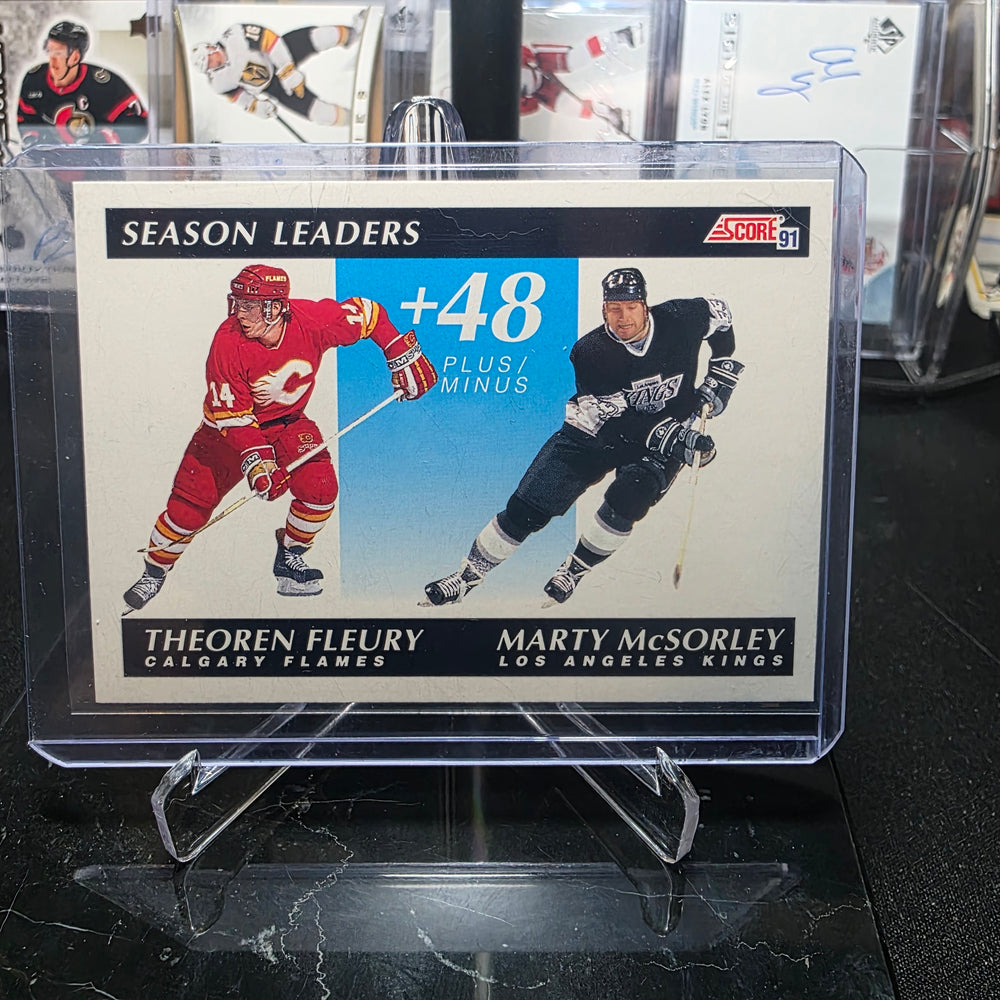 1991-92 Score Theoren Fleury / Marty McSorley #297 Season Leaders Plus/Minus Calgary Flames / Los Angeles Kings
