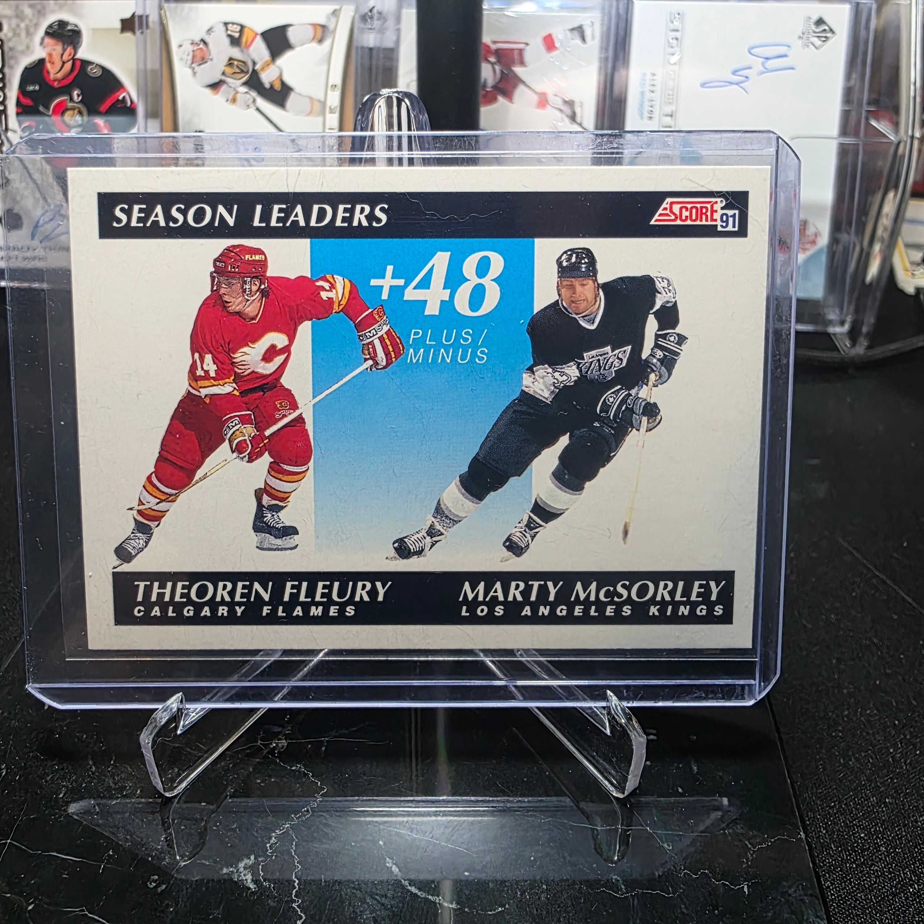 1991-92 Score Theoren Fleury / Marty McSorley #297 Season Leaders Plus/Minus Calgary Flames / Los Angeles Kings