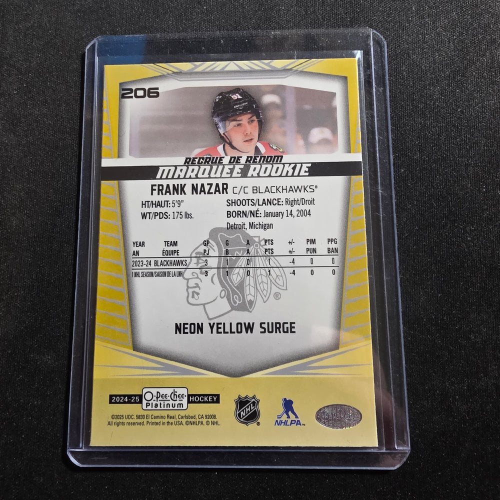 2024-25 O-Pee-Chee Platinum Neon Yellow Surge Marquee Rookies Frank Nazar 206 RC