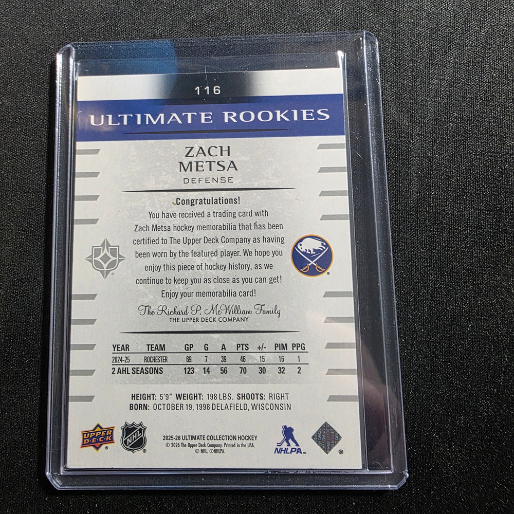 2025-26 UD Ultimate Collection Zach Metsa Rookie Patch /499 Buffalo