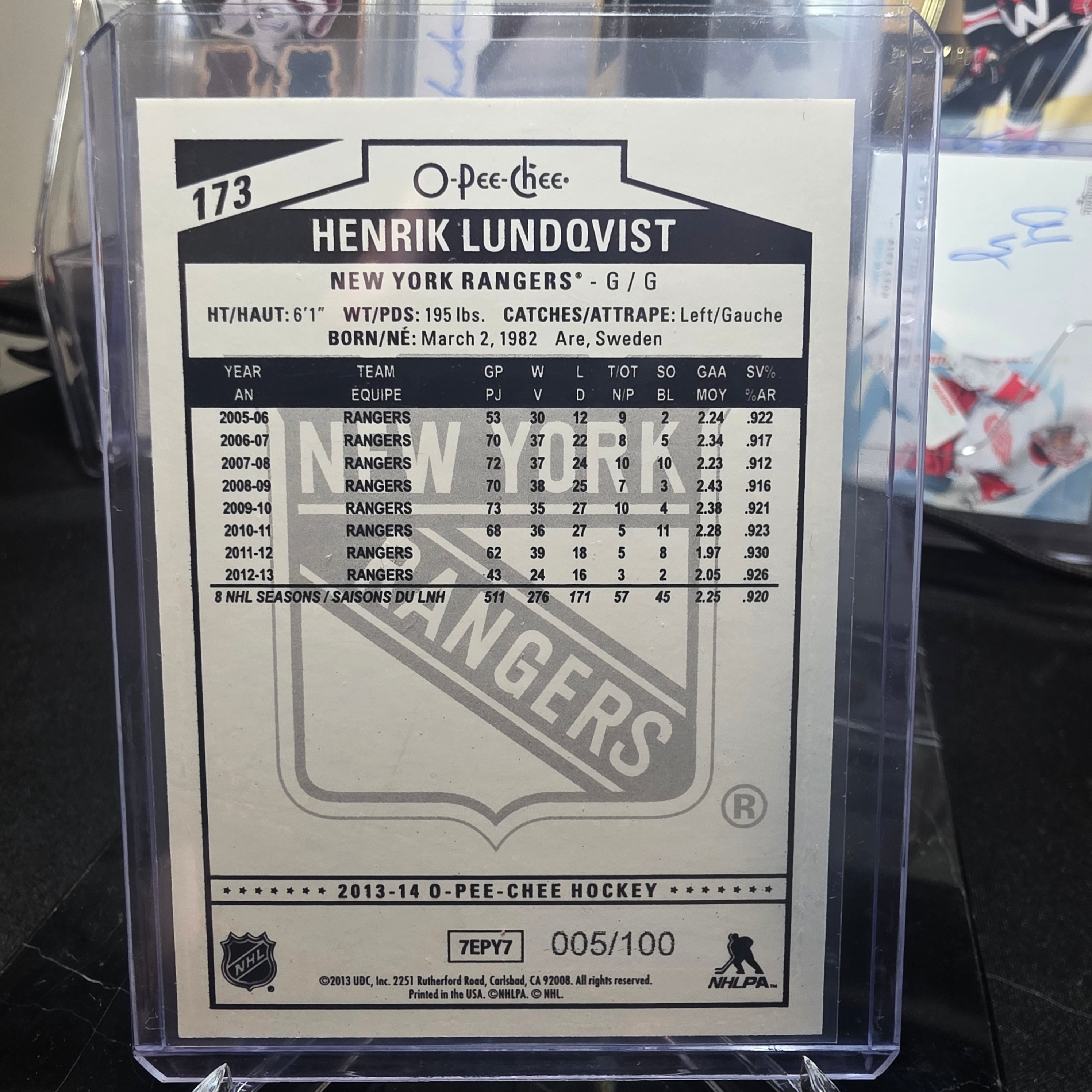 2013-14 O-Pee-Chee Black Rainbow 173 Henrik Lundqvist New York Rangers 005/100