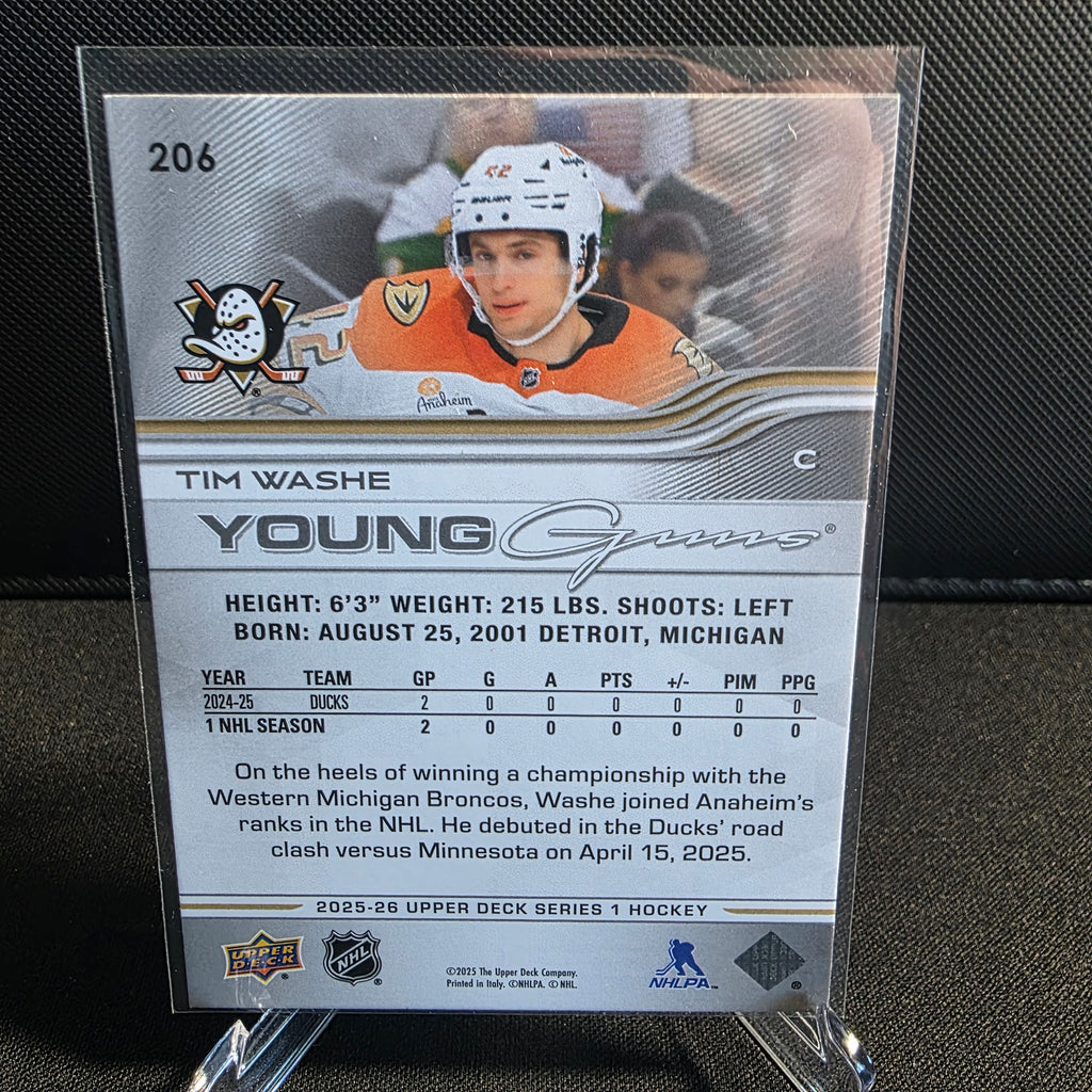 2025-26 Upper Deck Series 1 206 Tim Washe Young Guns Deluxe /250 Anaheim Ducks