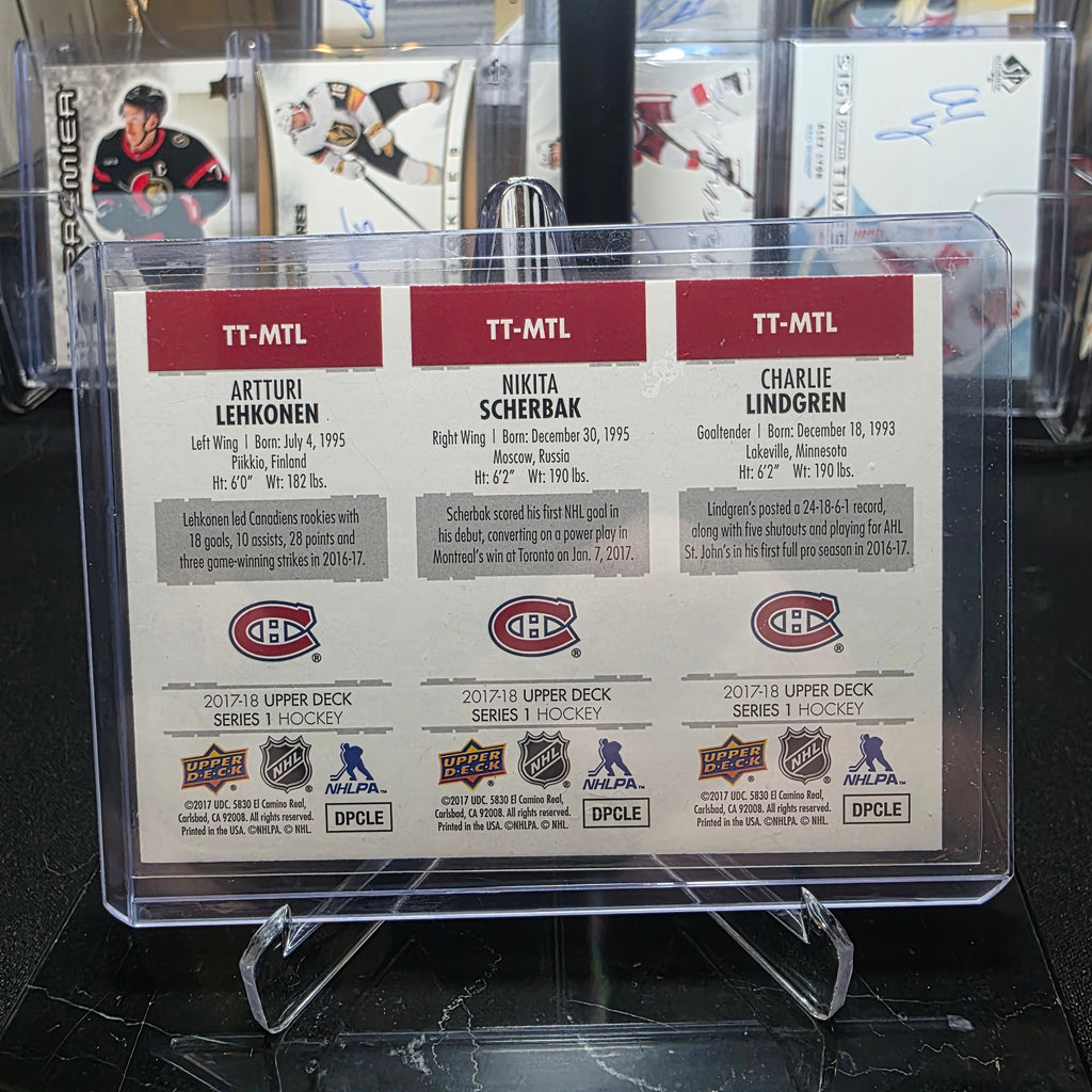 2017-18 Upper Deck Series 1 TT-MTL Charlie Lindgren / Nikita Scherbak / Artturi Lehkonen Triple Threat Rookies Montreal Canadiens
