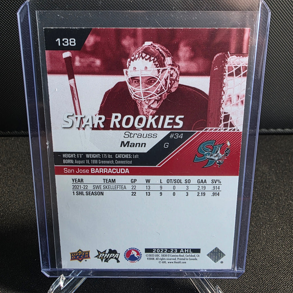 2022-23 Upper Deck AHL Star Rookies Exclusives 138 Strauss Mann San Jose Barracuda 30/100