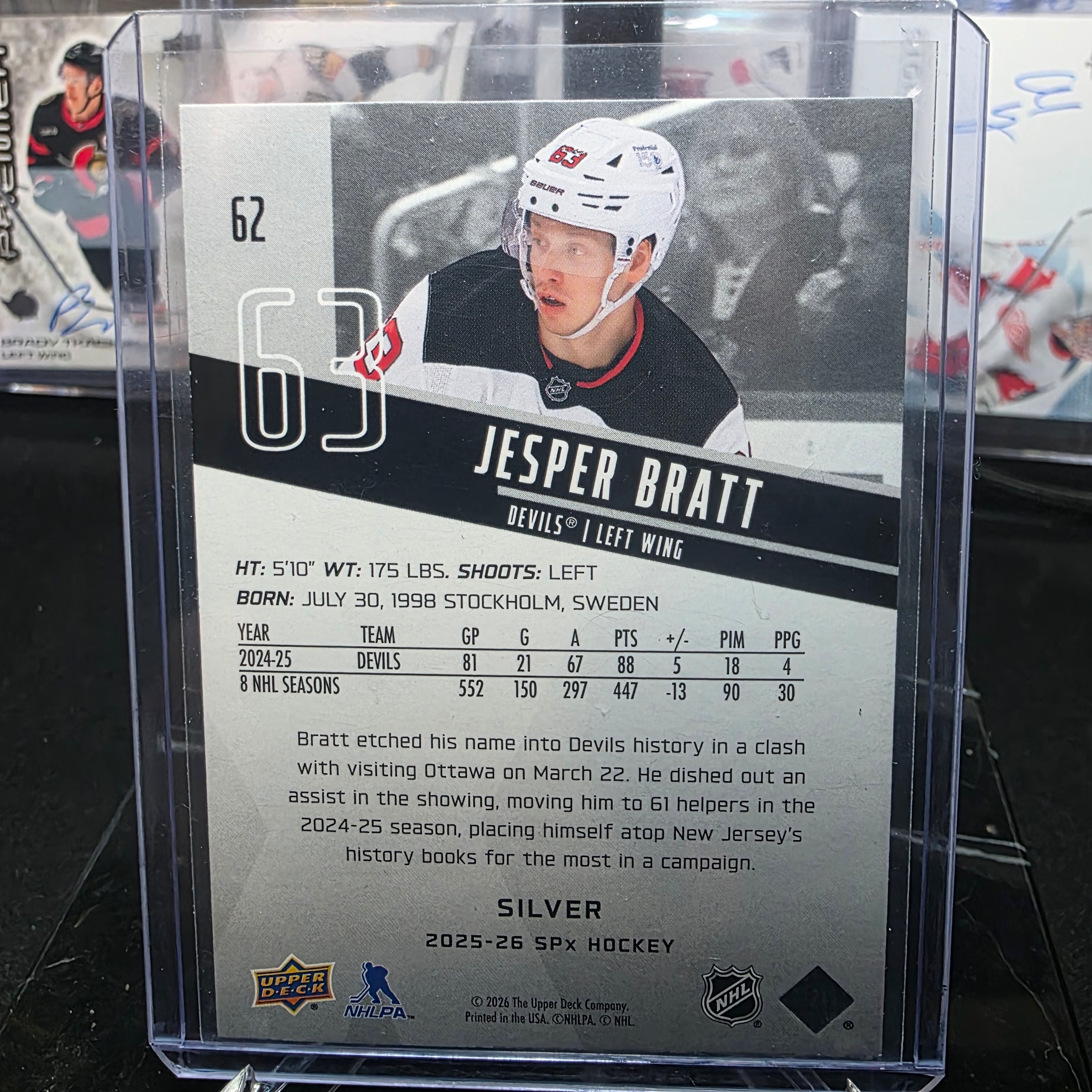 2025-26 SPx Jesper Bratt #62 Silver New Jersey Devils