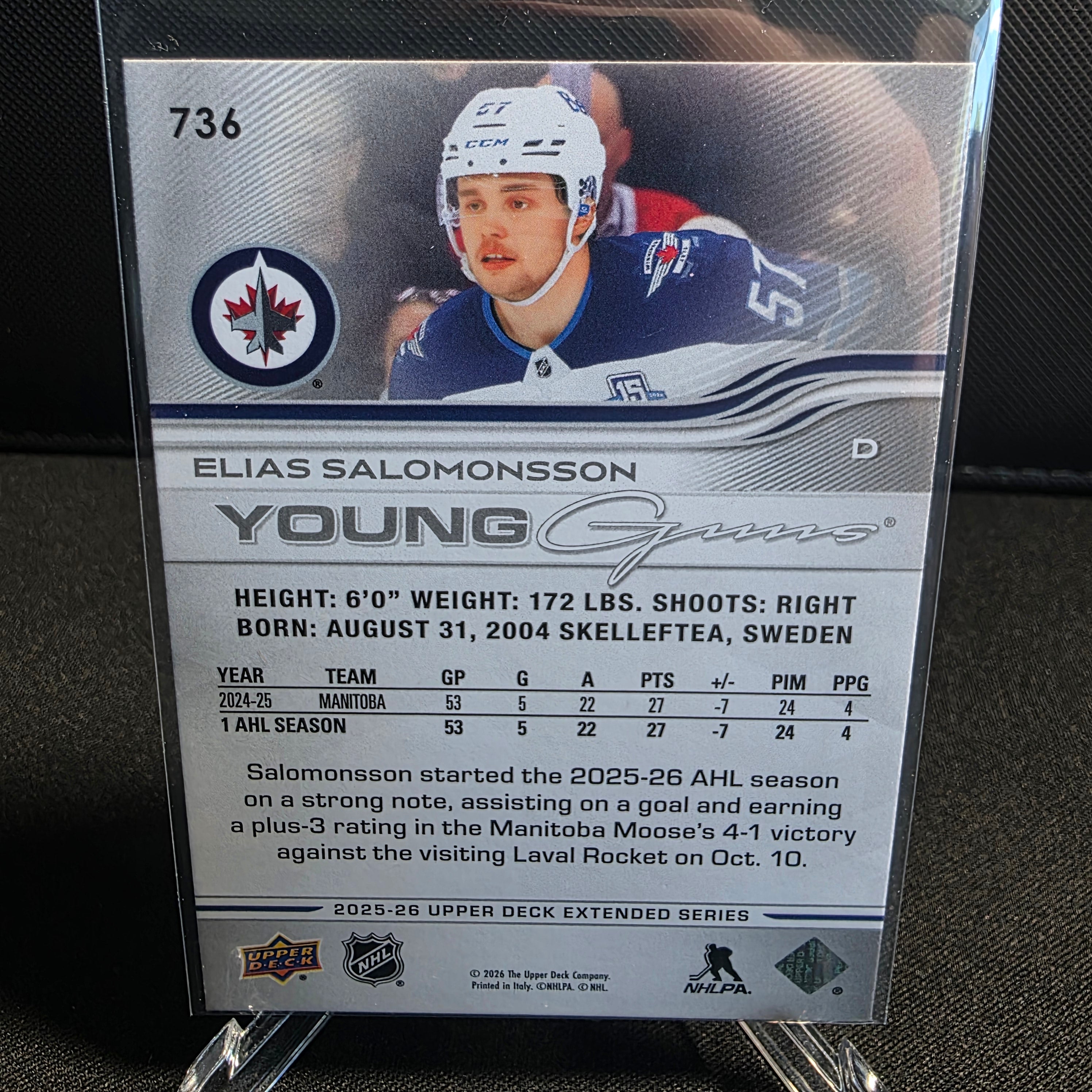 2025-26 Upper Deck Extended Series Young Guns 736 Elias Salomonsson Winnipeg Jets RC