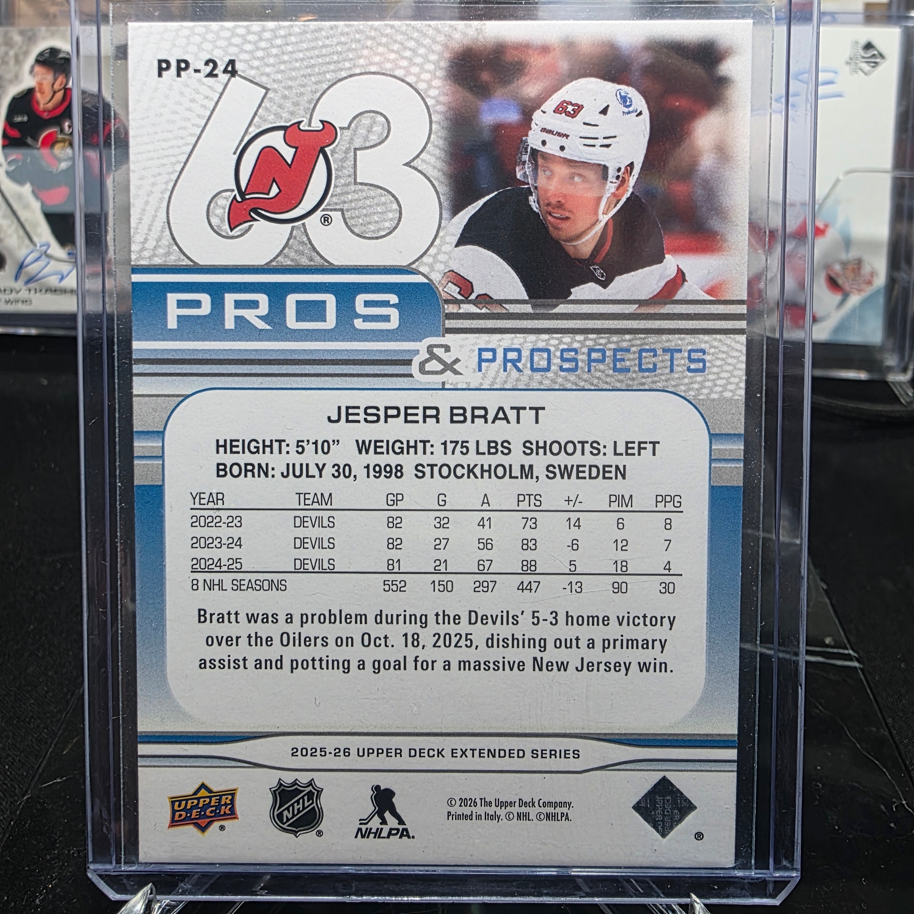 2025-26 Upper Deck Extended Series Pros & Prospects Blue Parallel PP-24 Jesper Bratt New Jersey Devils