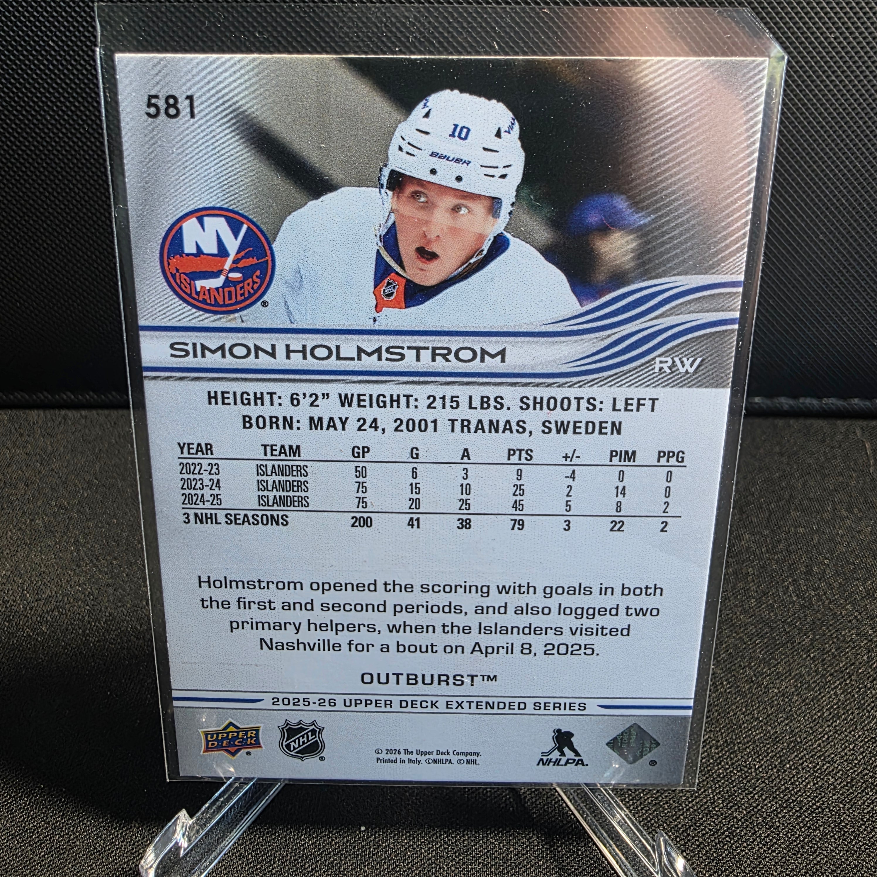 2025-26 Upper Deck Extended Series Outburst 581 Simon Holmstrom New York Islanders