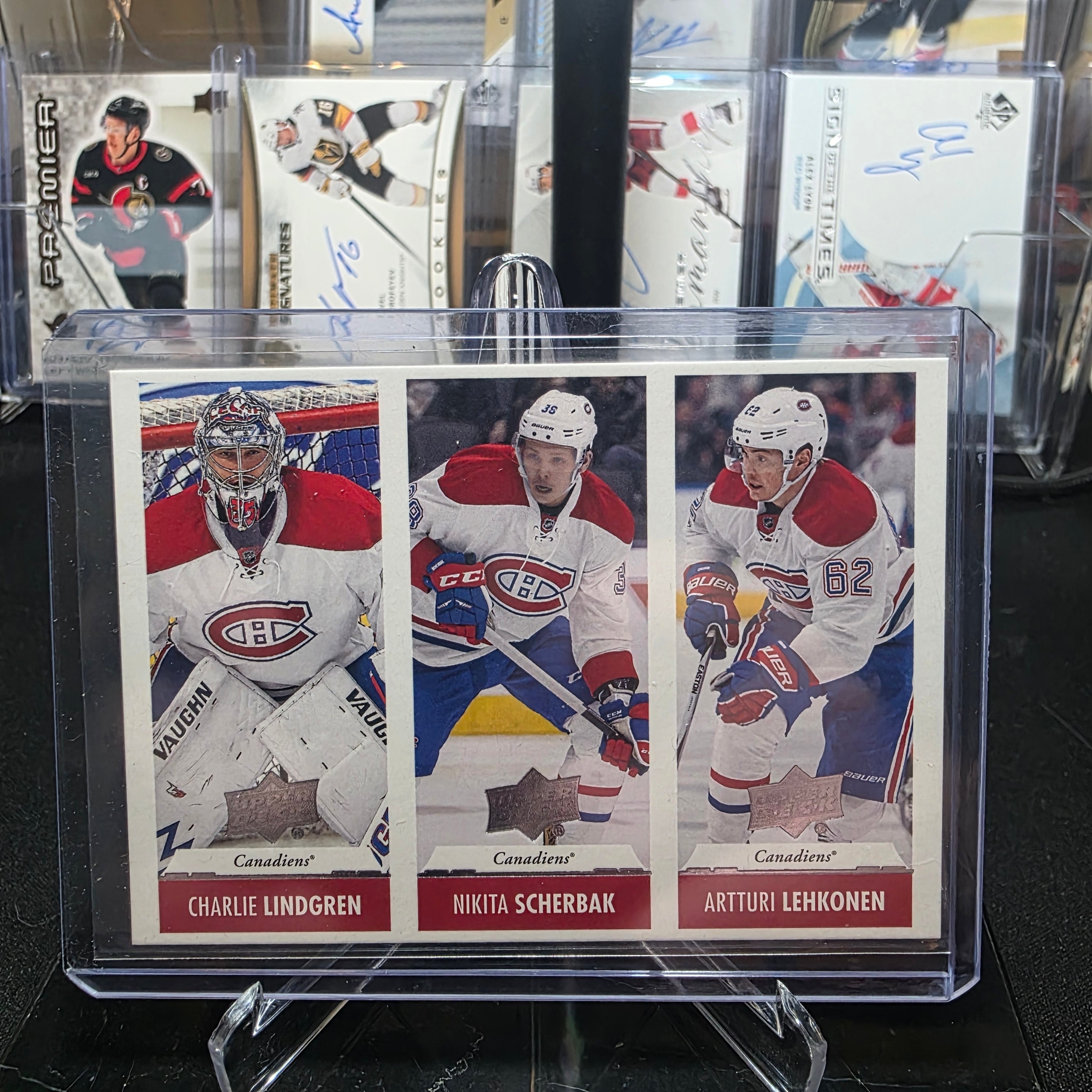 2017-18 Upper Deck Series 1 TT-MTL Charlie Lindgren / Nikita Scherbak / Artturi Lehkonen Triple Threat Rookies Montreal Canadiens
