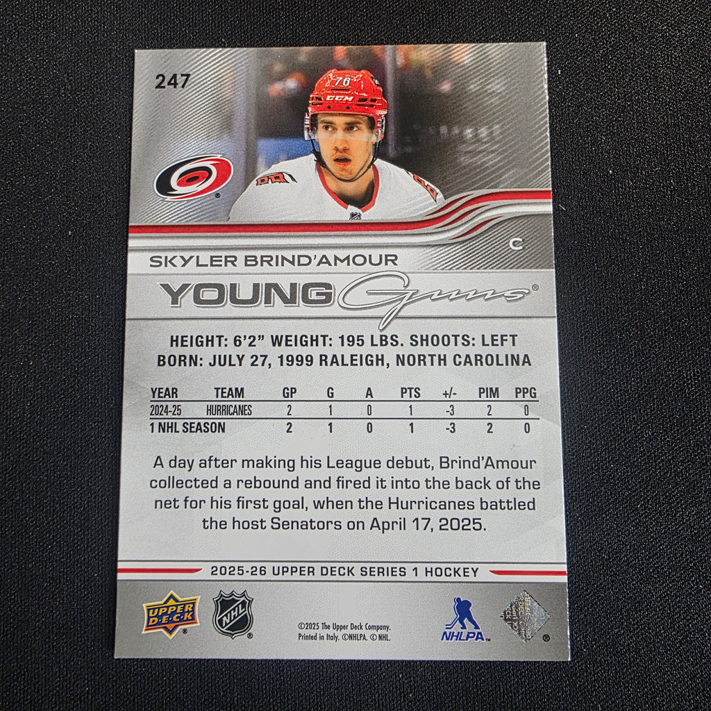 2025-26 UD Series 1 Skyler Brind'Amour Young Guns Deluxe 029/250 #247 Carolina Hurricanes