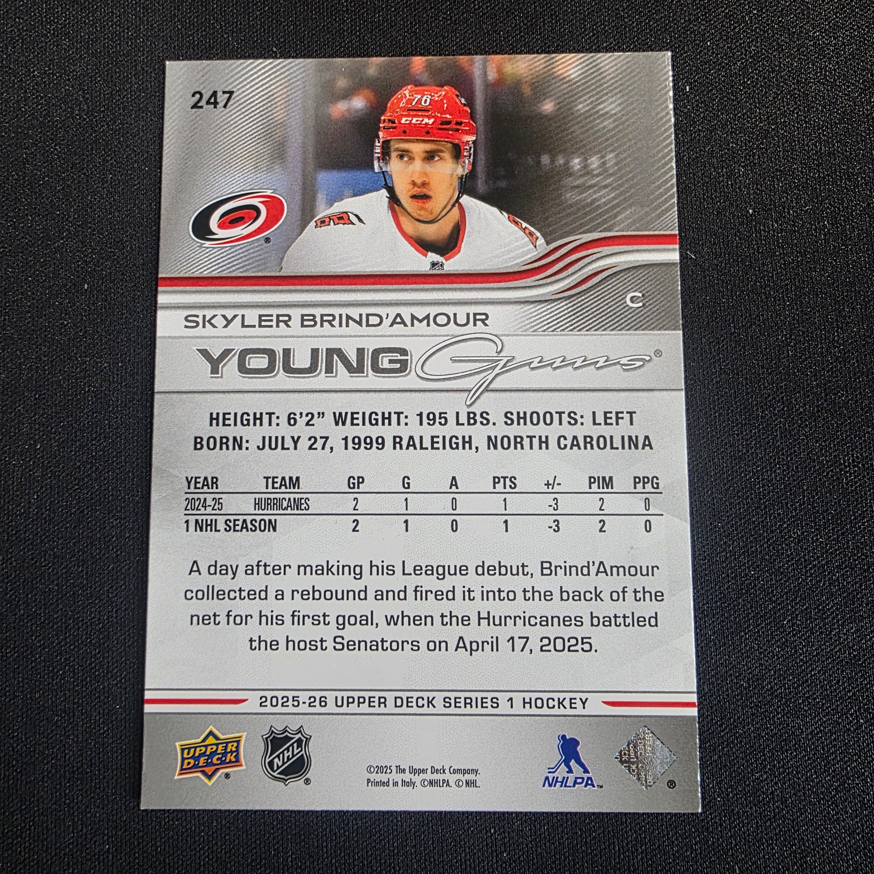 2025-26 UD Series 1 Skyler Brind'Amour Young Guns Deluxe 029/250 #247 Carolina Hurricanes