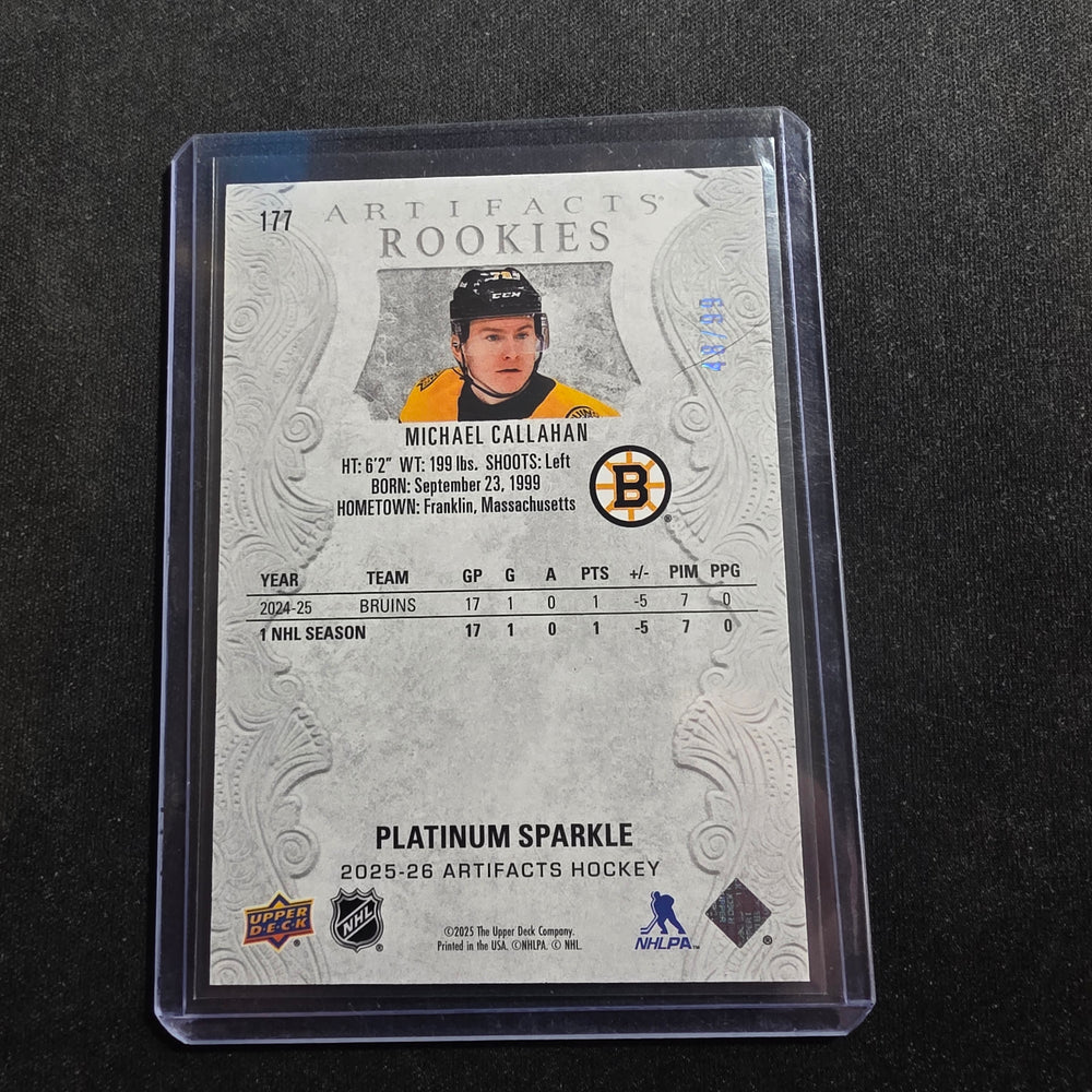 Michael Callahan 2025-26 UD Artifacts Platinum Sparkle Rookie /99 #177 Boston