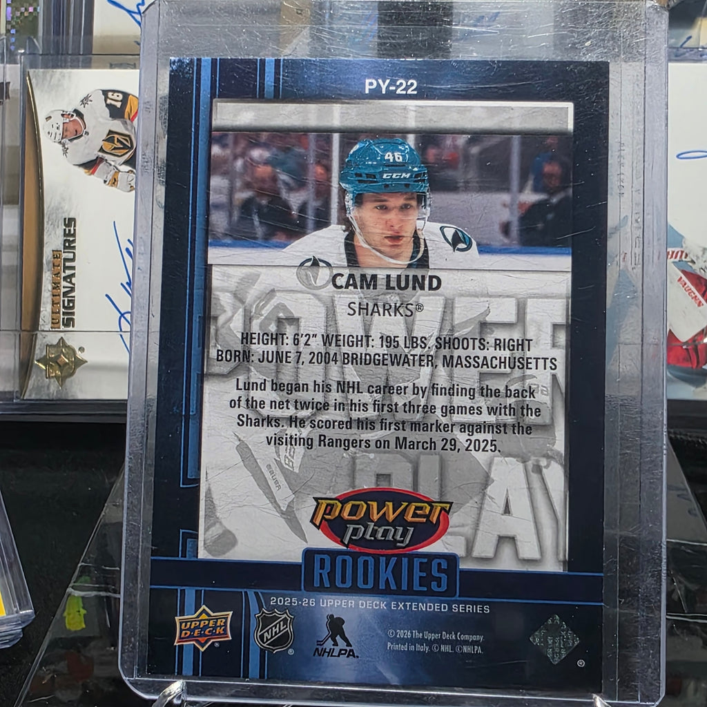 2025-26 Upper Deck Extended Series Power Play Rookies #PY-22 Cam Lund San Jose Sharks RC