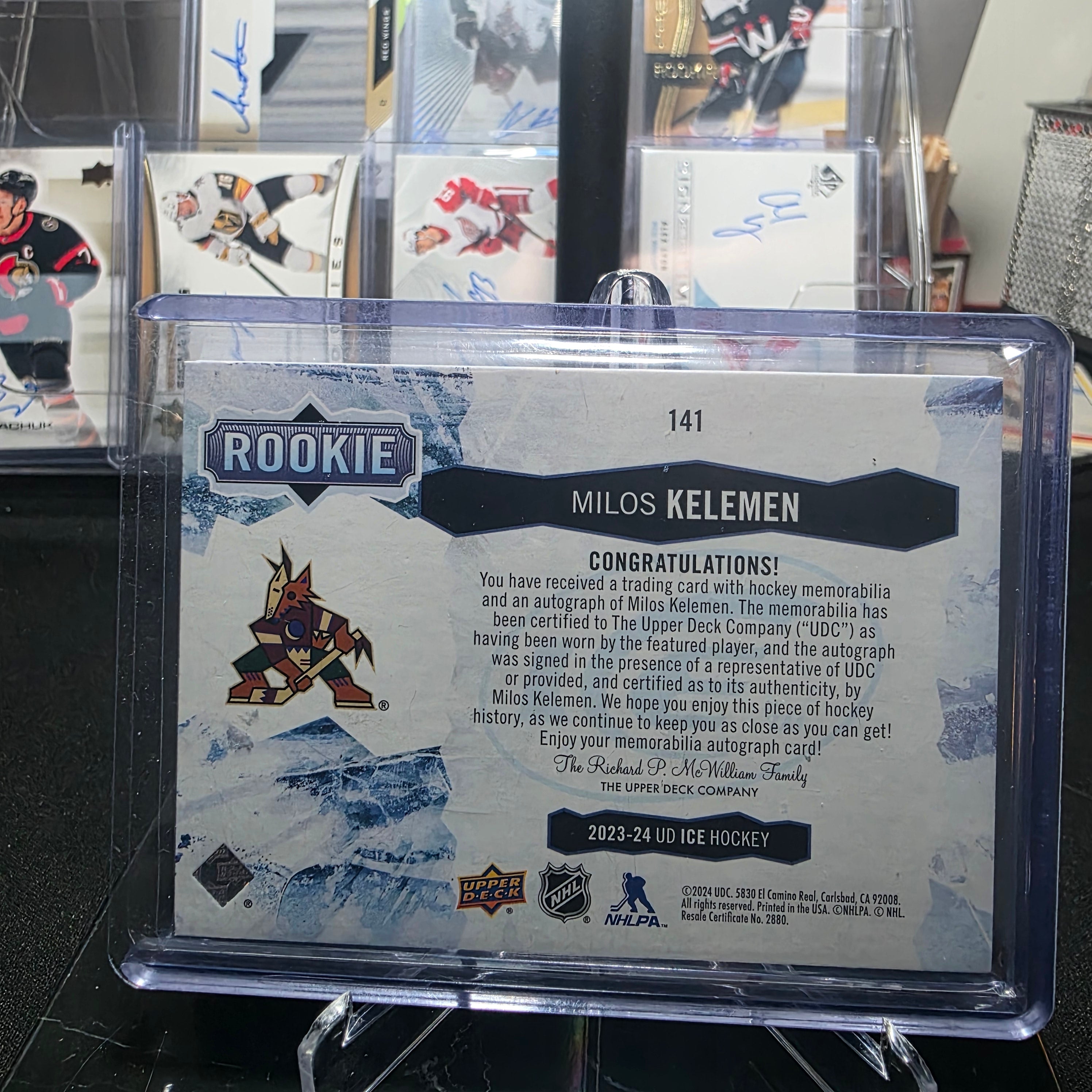 2023-24 Upper Deck Ice Hockey Milos Kelemen Rookie Auto Patch #141 (Arizona Coyotes)