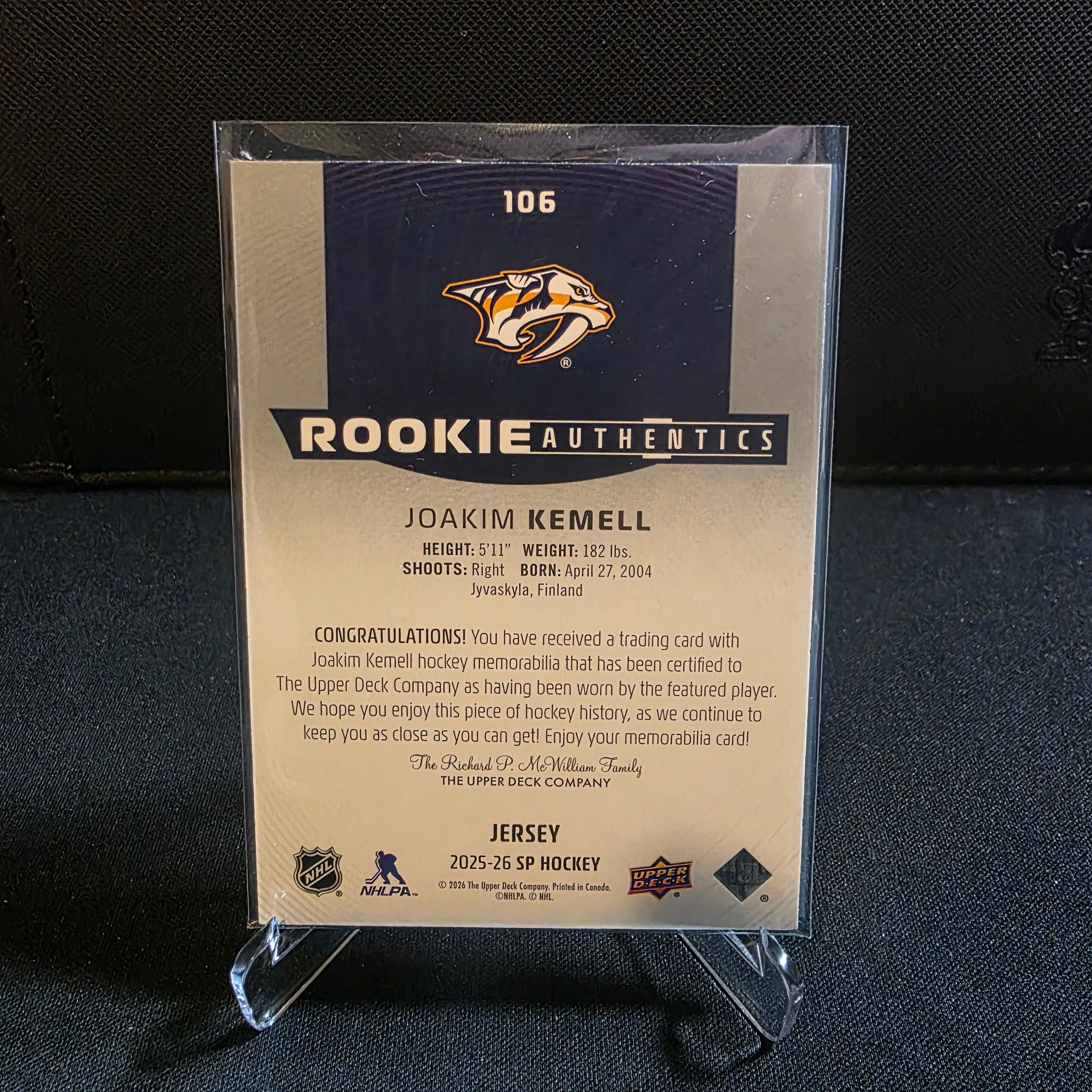 2025-26 UD SP Joakim Kemell Rookie Authentics Jersey 106 RC Nashville Predators