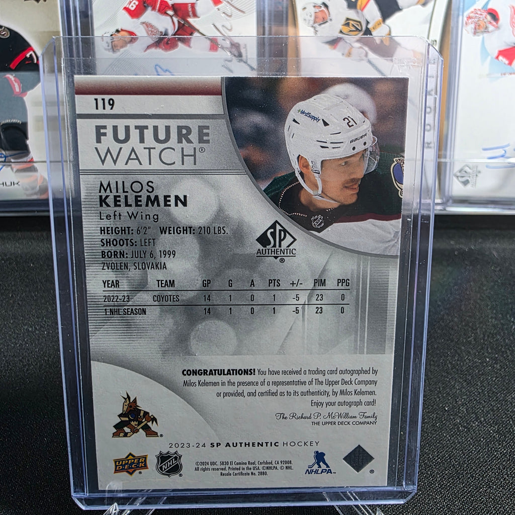 2023-24 SP Authentic Milos Kelemen #119 Future Watch Auto 686/999 Arizona Coyotes RC