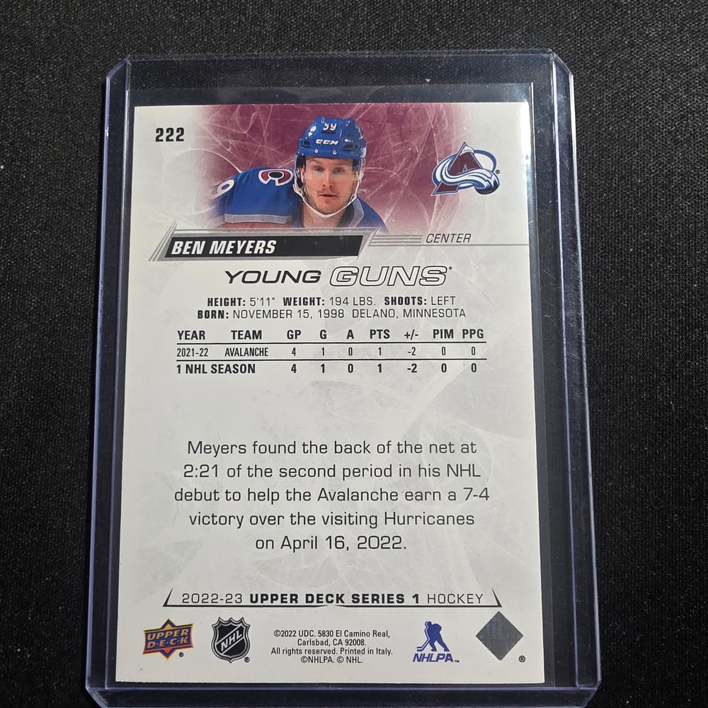2022-23 UD Series 1 Ben Meyers Young Guns #222 Colorado Avalanche