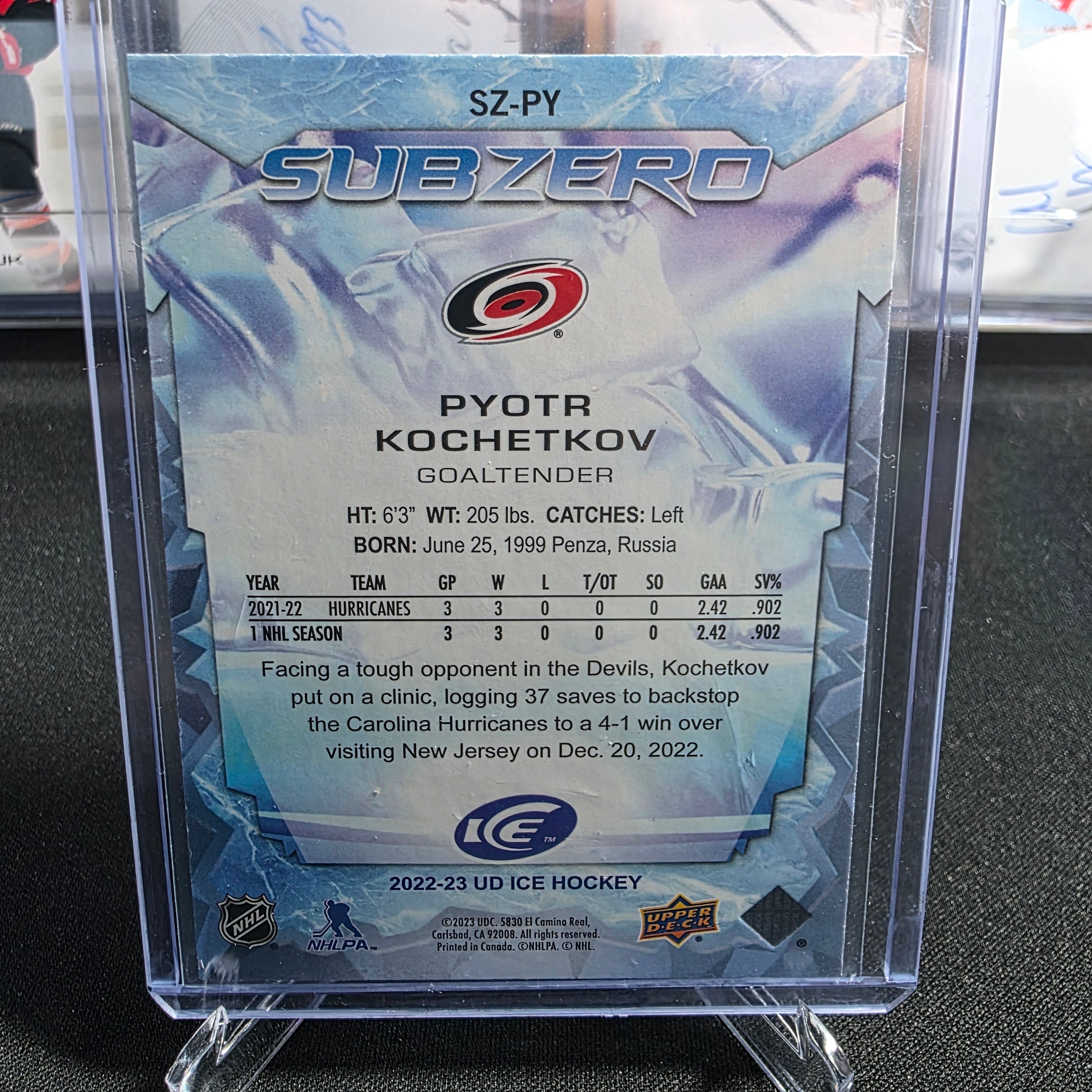 2022-23 Upper Deck Ice Pyotr Kochetkov SZ-PY SubZero Rookies Purple 127/199 Carolina Hurricanes RC