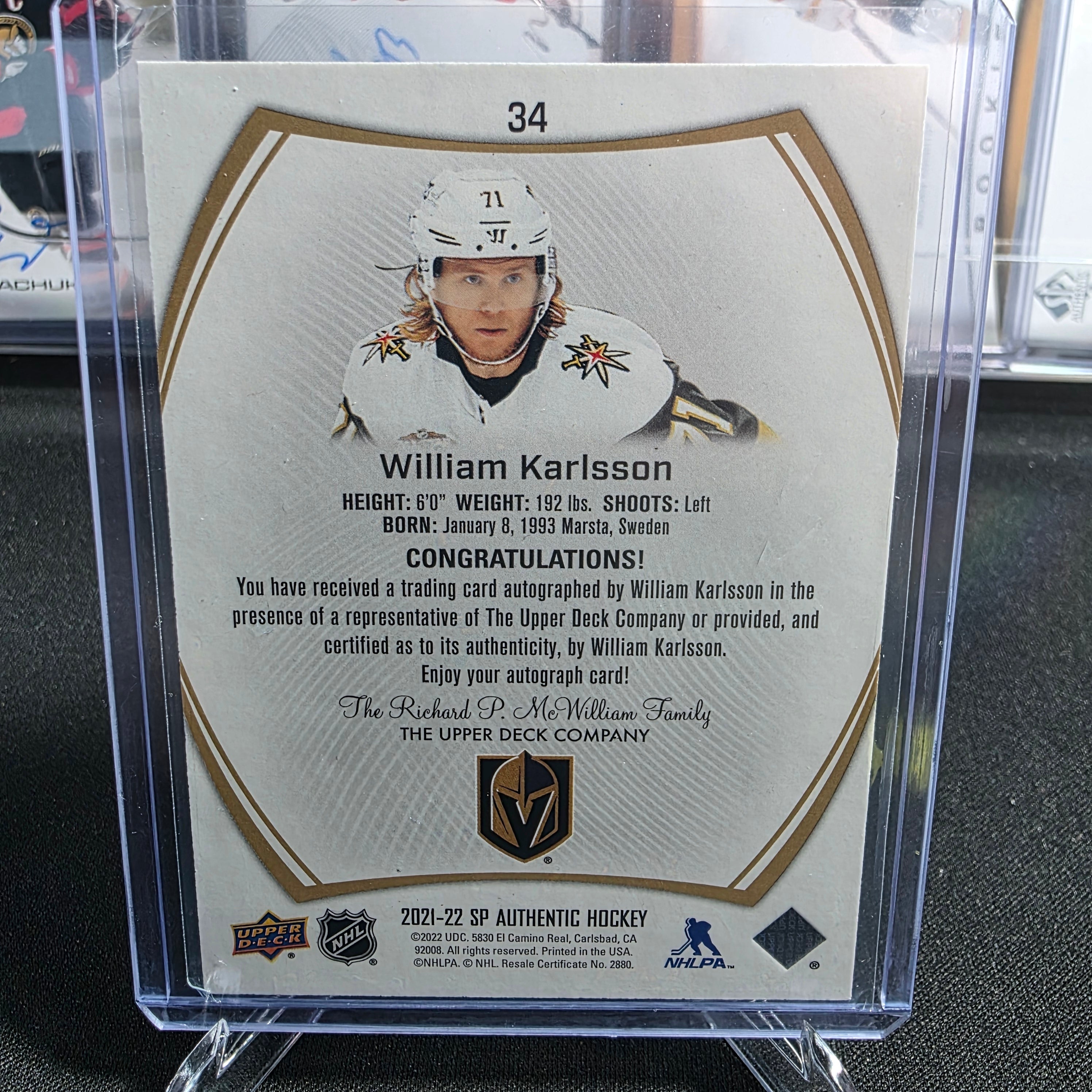 2021-22 SP Authentic William Karlsson #34 Limited Autograph Vegas Golden Knights