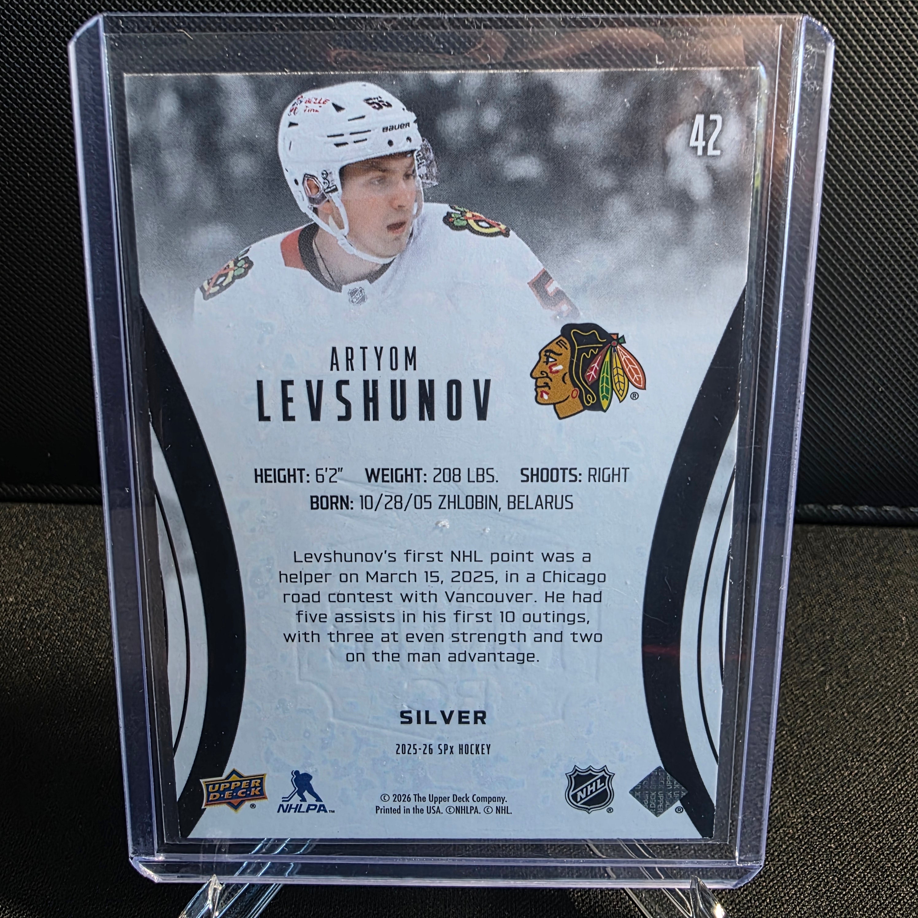 2025-26 Upper Deck SPx Finite Rookie Silver 42 Artyom Levshunov /399 Chicago Blackhawks