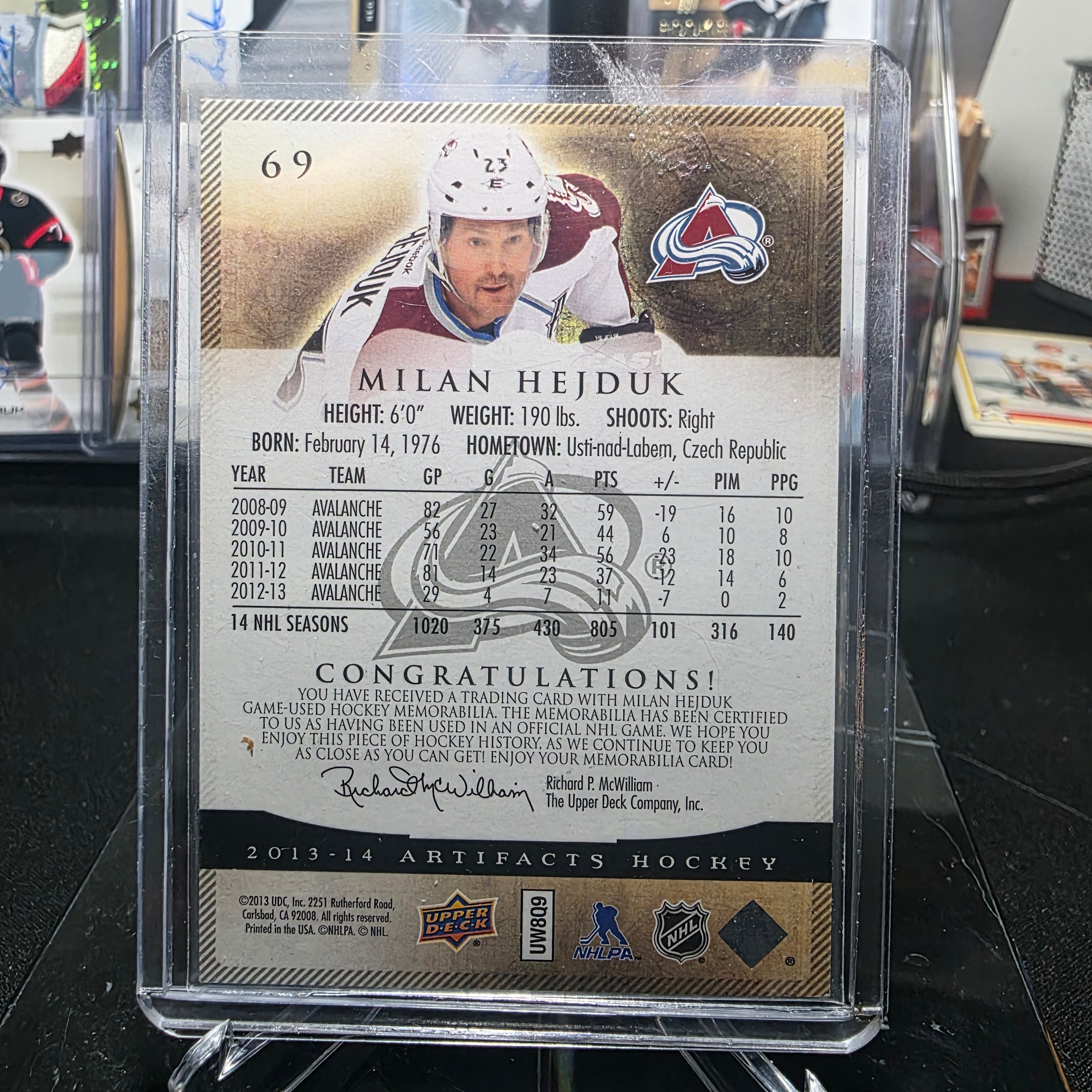 2013-14 Upper Deck Artifacts Milan Hejduk Dual Jersey Patch #118/125 (Colorado Avalanche)
