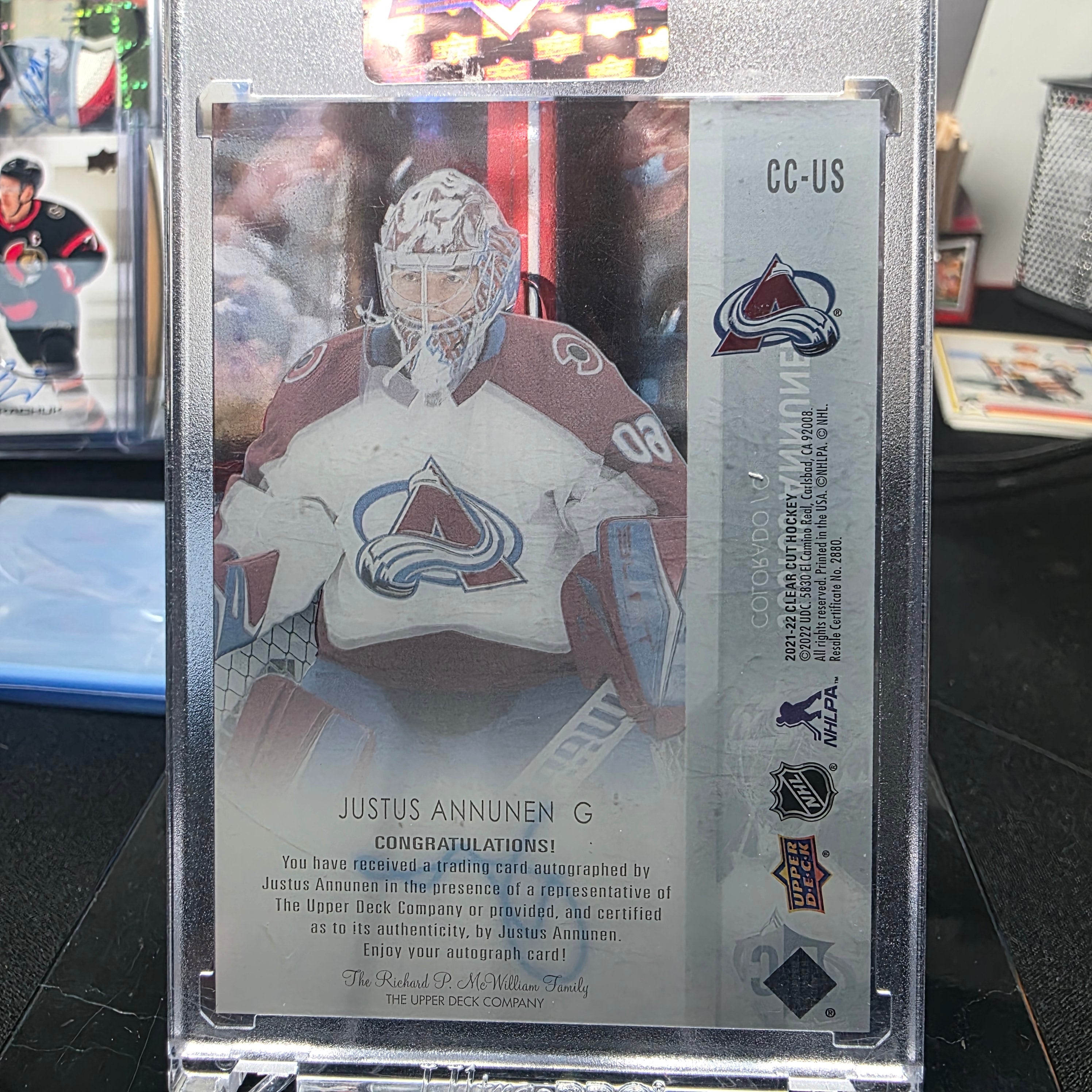 2021-22 Upper Deck Clear Cut Justus Annunen Rookie Auto #CC-US (Colorado Avalanche)