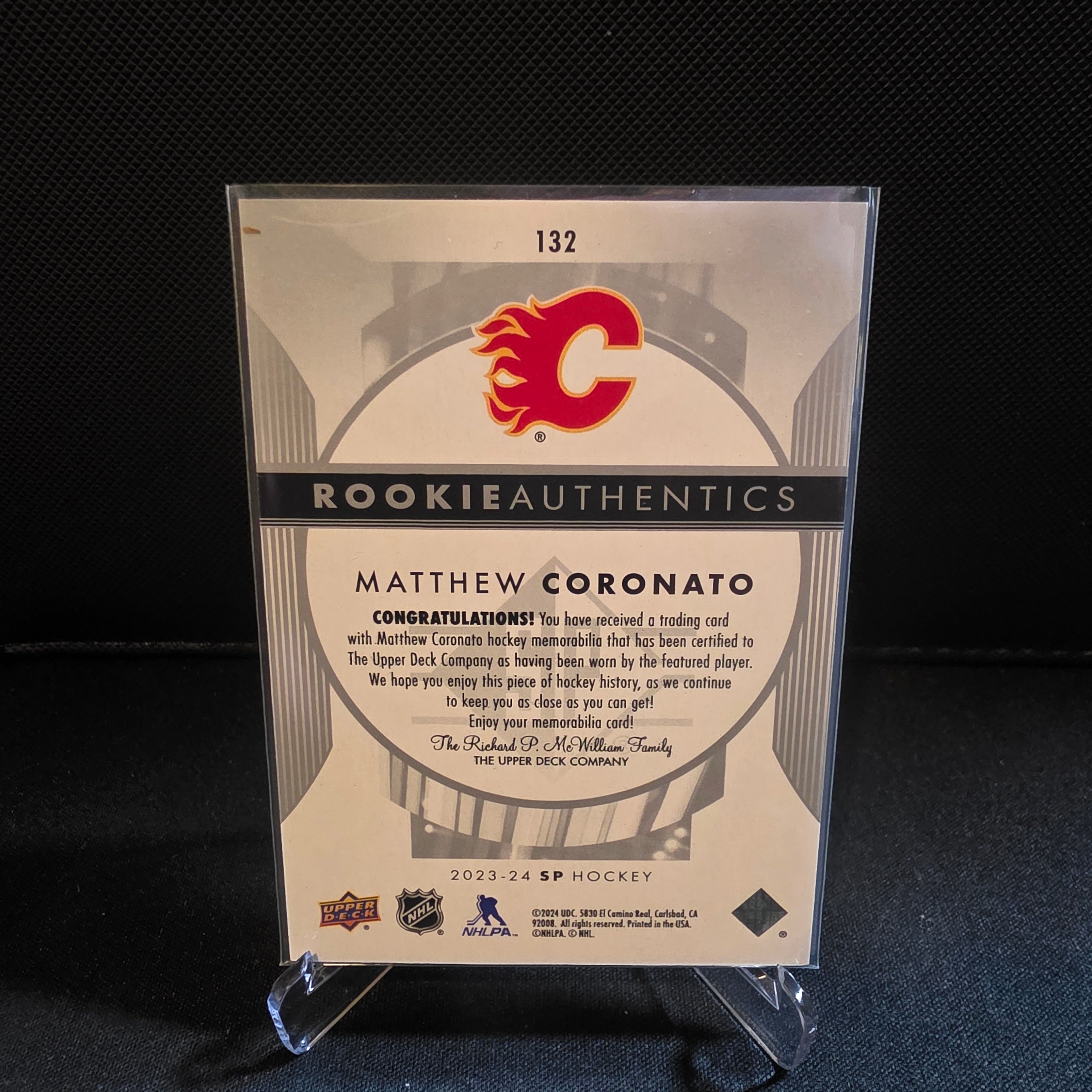2023-24 UD SP Matthew Coronato Rookie Authentics Jersey 132 Calgary Flames RC