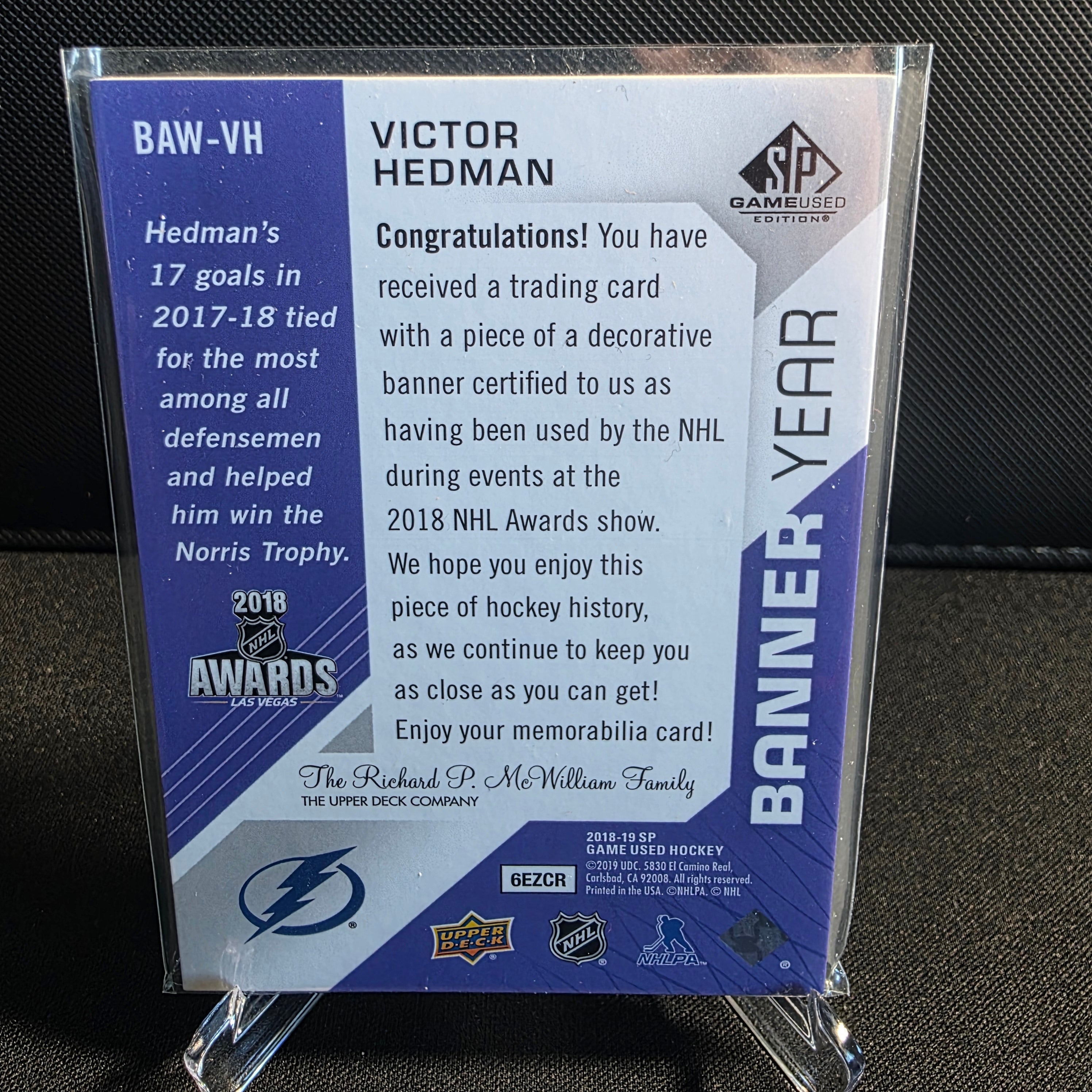 2018-19 SP Game Used Banner Year Awards BAW-VH Victor Hedman Tampa Bay Lightning