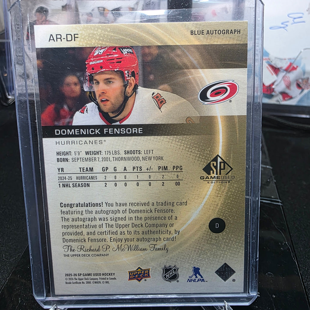2025-26 SP Game Used AR-DF Domenick Fensore Authentic Rookies Blue Autograph Carolina Hurricanes