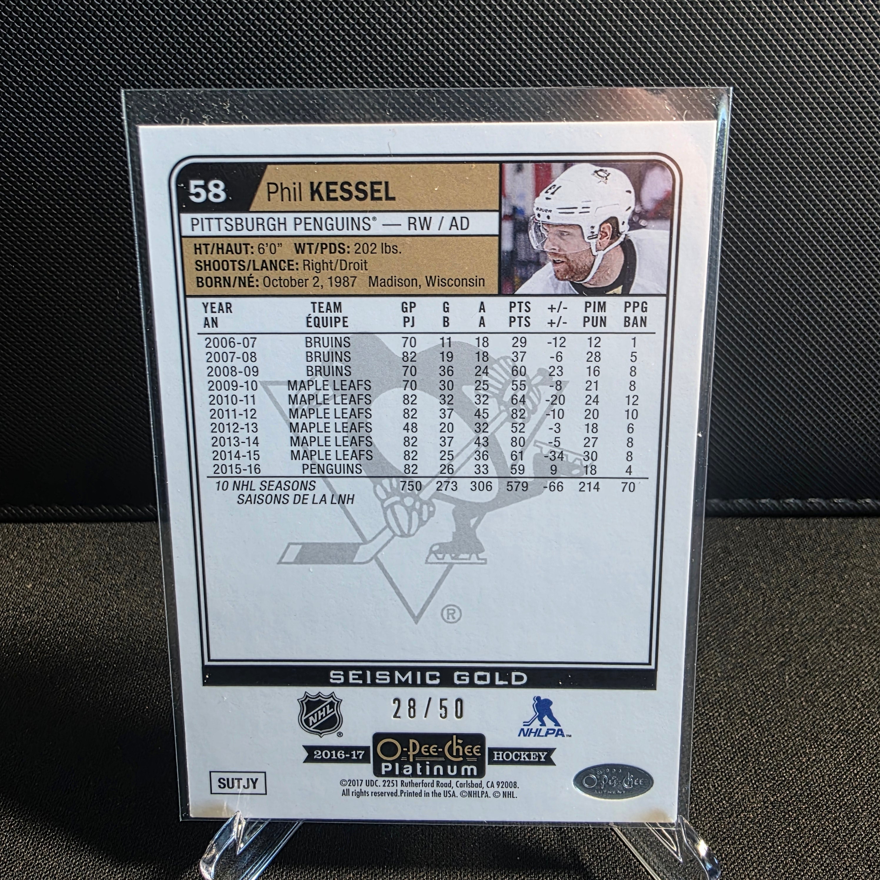 2016-17 O-Pee-Chee Platinum Seismic Gold 58 Phil Kessel /50 Pittsburgh Penguins