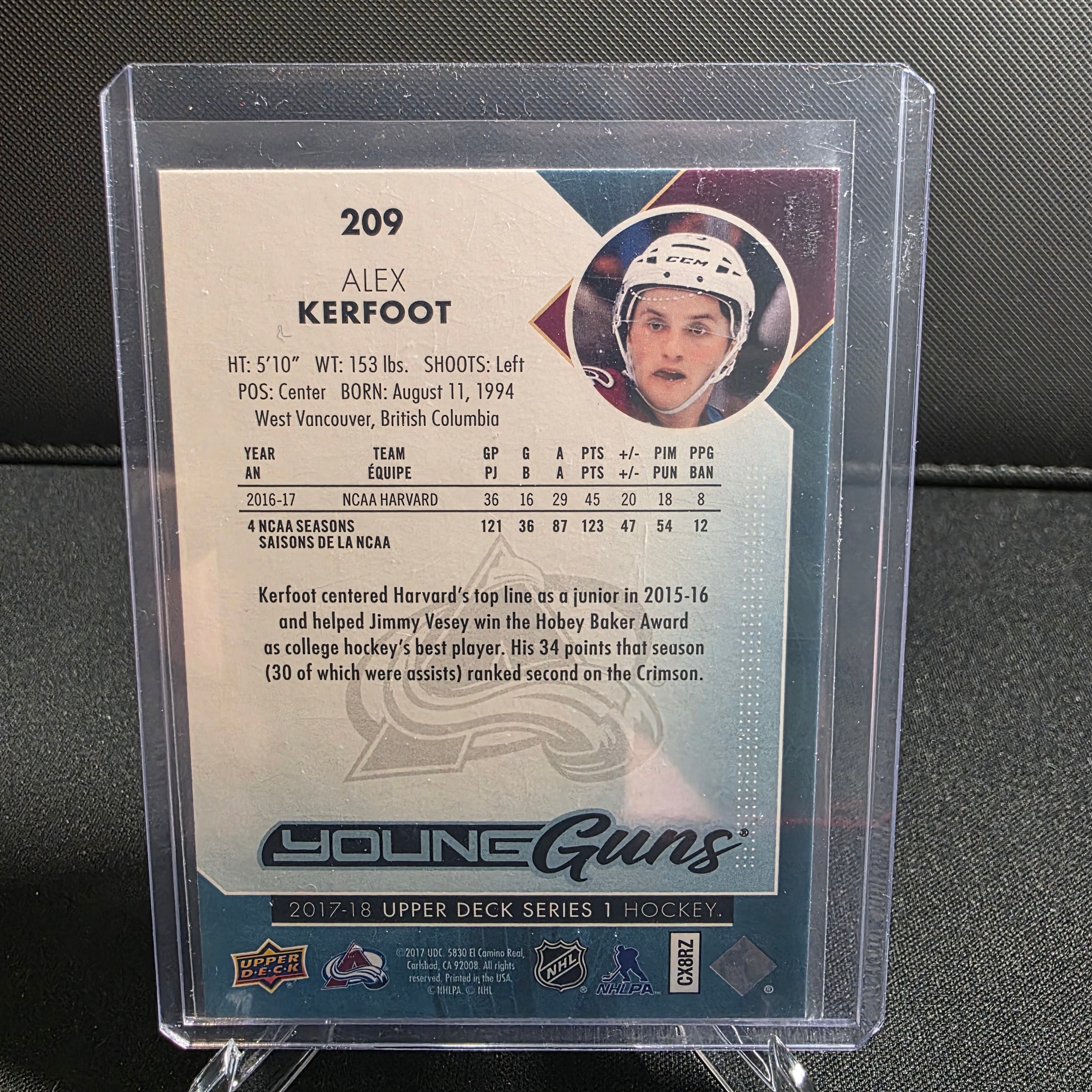 2017-18 Upper Deck Series 1 Alex Kerfoot Young Guns RC 209 Avalanche