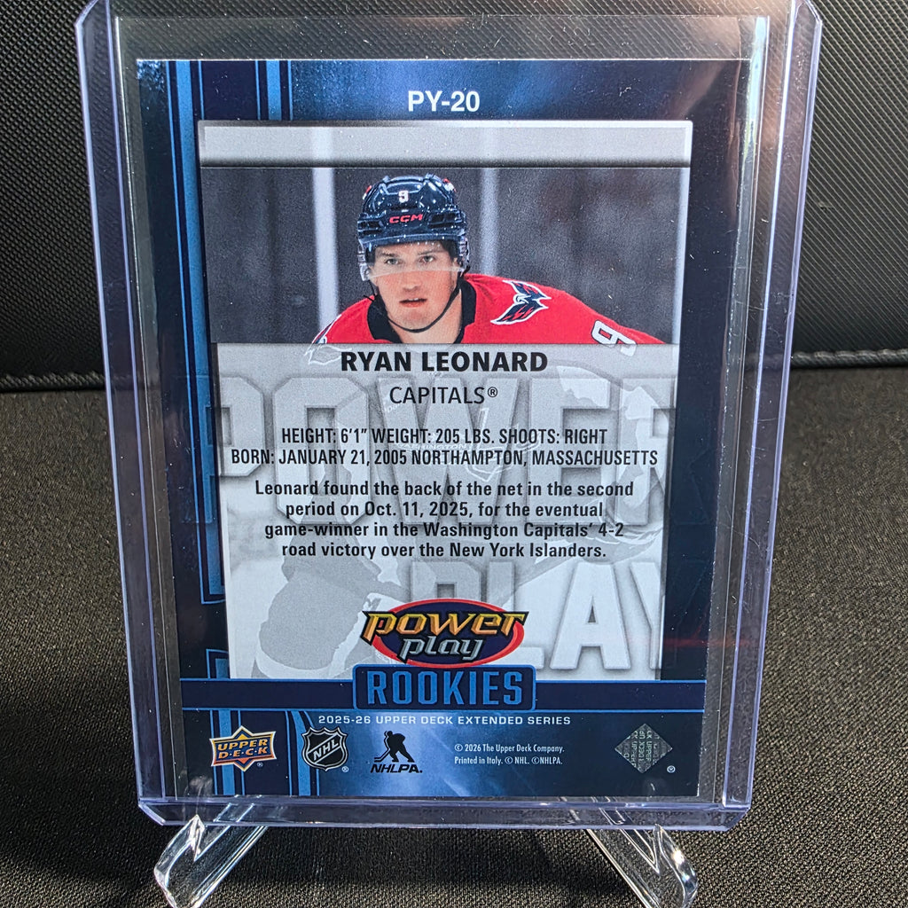 2025-26 Upper Deck Extended Series Power Play Rookies Blue PY-20 Ryan Leonard Washington Capitals