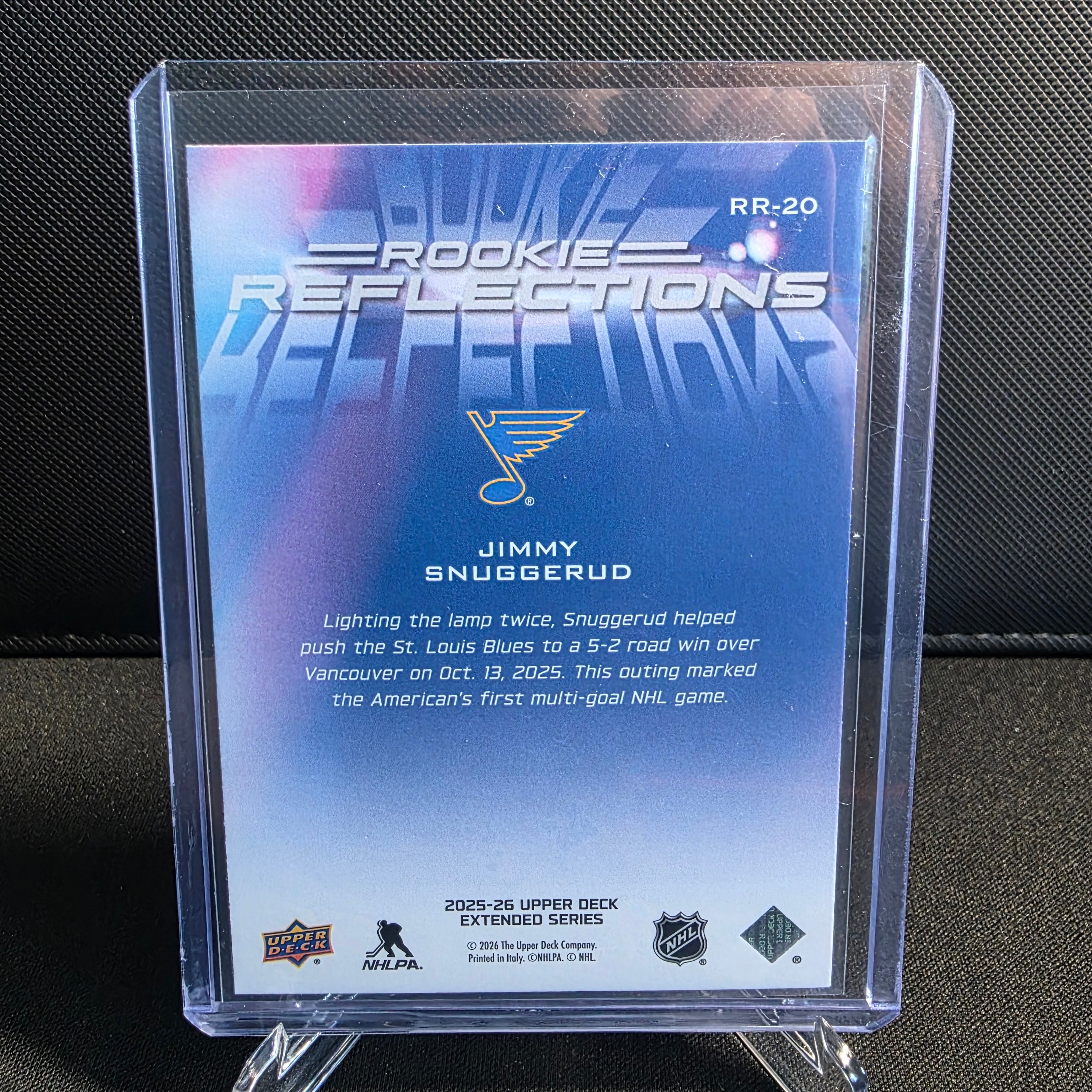 2025-26 Upper Deck Extended Series Rookie Reflections RR-20 Jimmy Snuggerud Blues