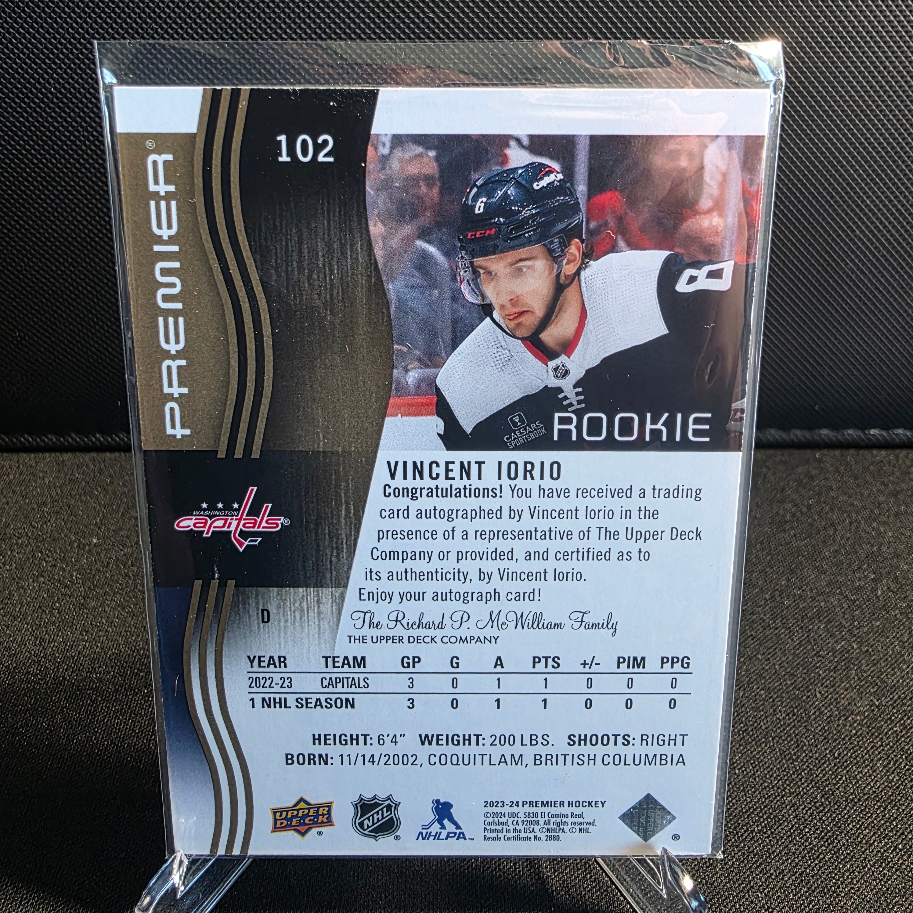 2023-24 Upper Deck Premier Rookie Auto 102 Vincent Iorio /35 Washington Capitals