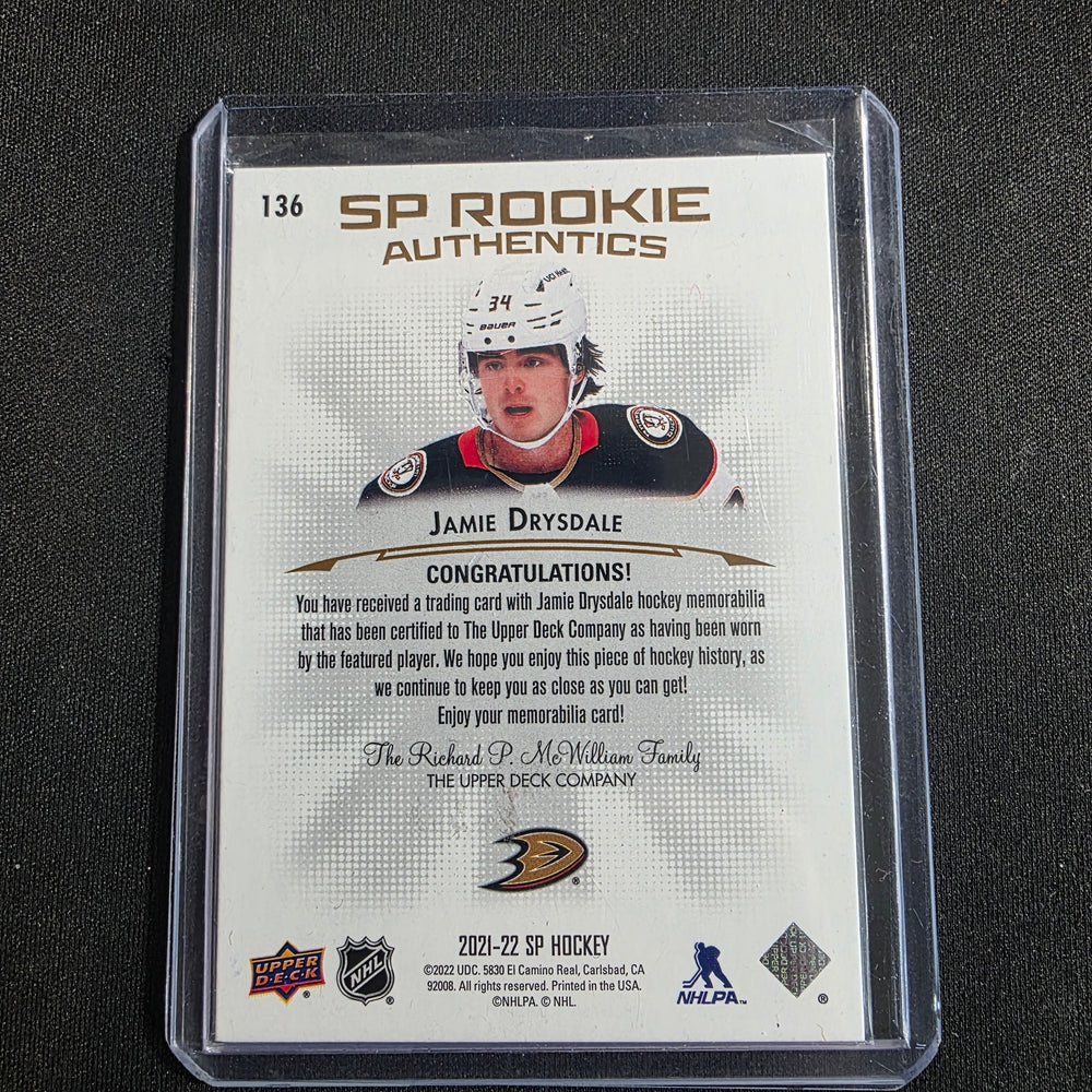 2021-22 Upper Deck SP Authentic SP Rookie Authentics Jersey Jamie Drysdale Anaheim Ducks RC