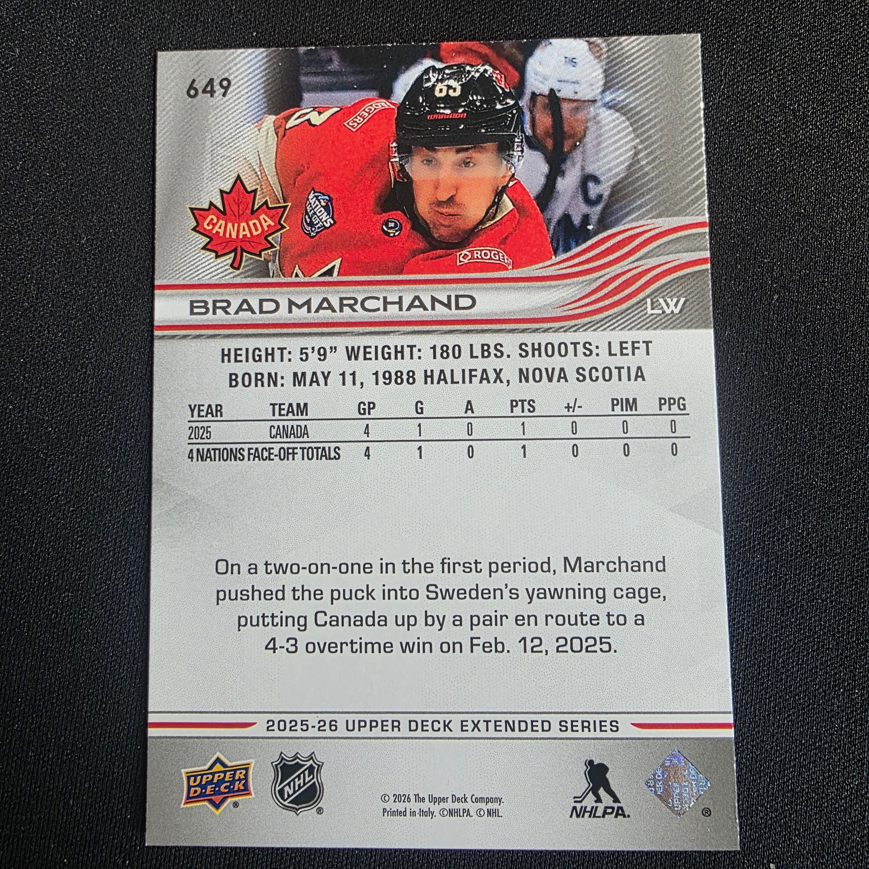 2025-26 UD Extended Brad Marchand 4 Nations Canada Deluxe 145/250 #649