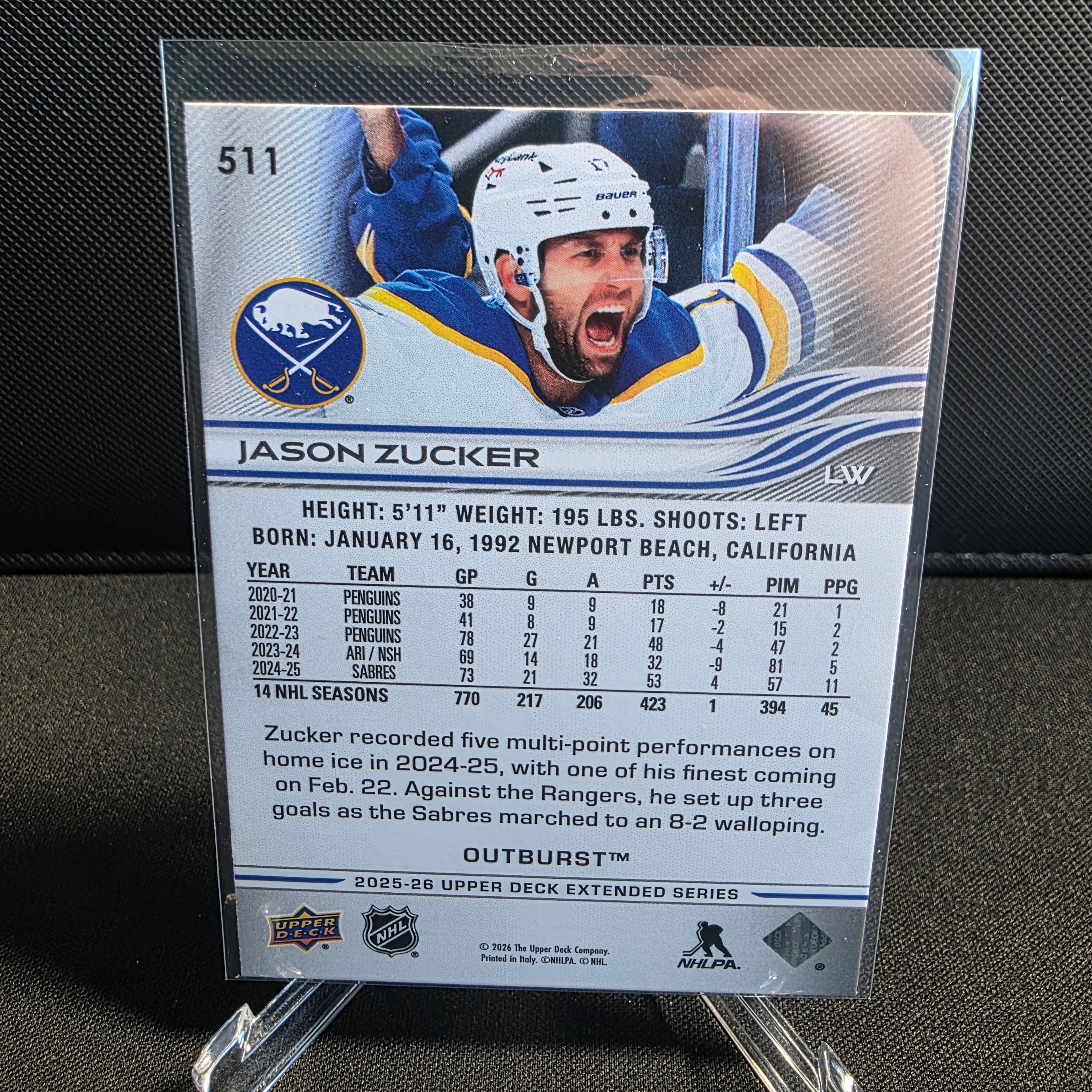 2025-26 Upper Deck Extended Series Outburst 511 Jason Zucker Buffalo Sabres