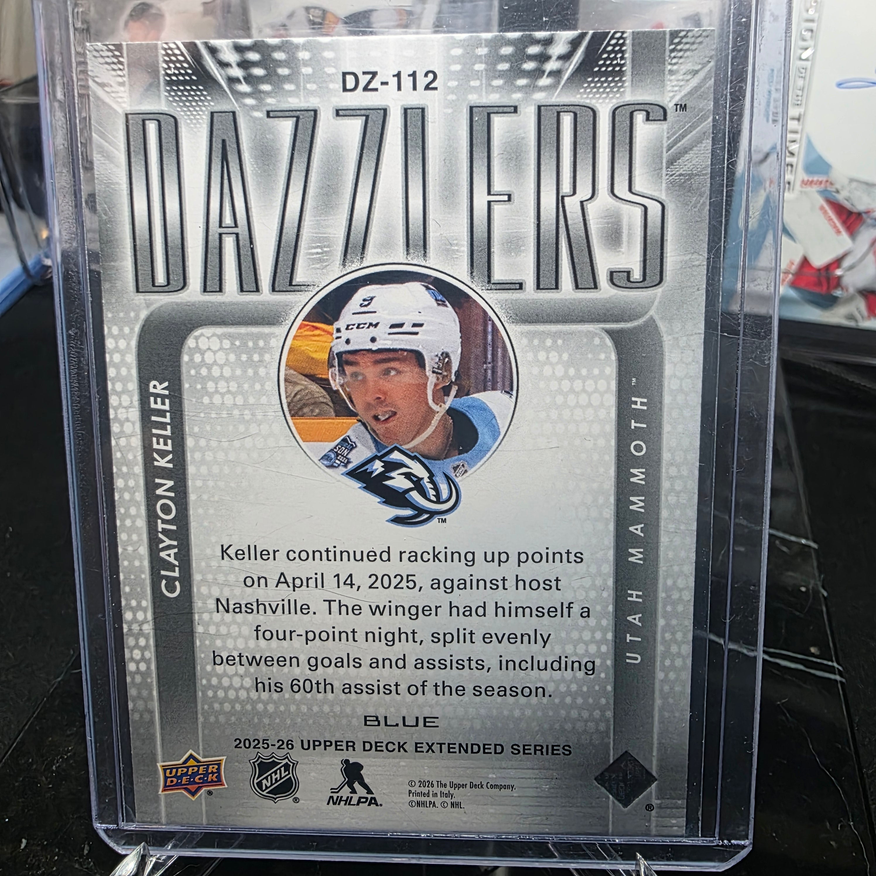 2025-26 Upper Deck Extended Series Clayton Keller #DZ-112 Dazzlers Blue Utah Mammoth