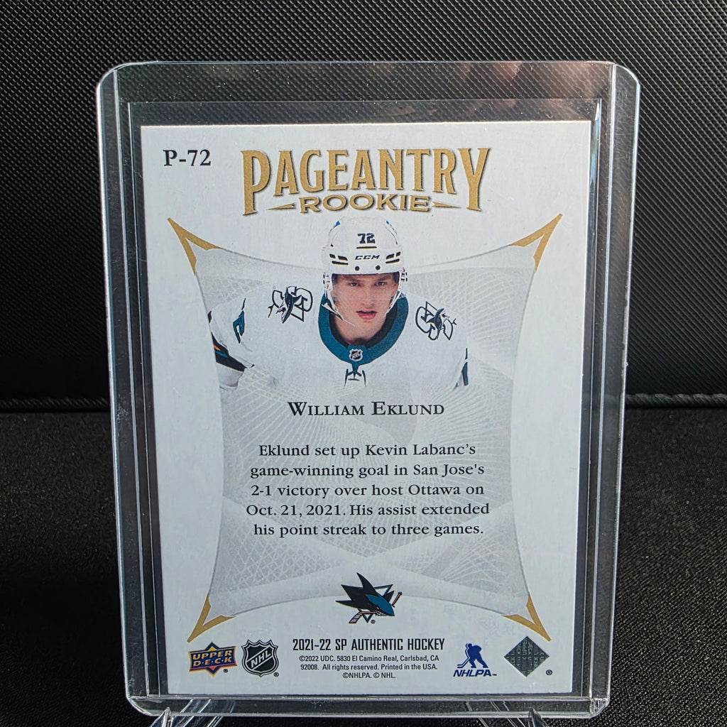 2021-22 SP Authentic Pageantry Rookie P-72 William Eklund San Jose Sharks