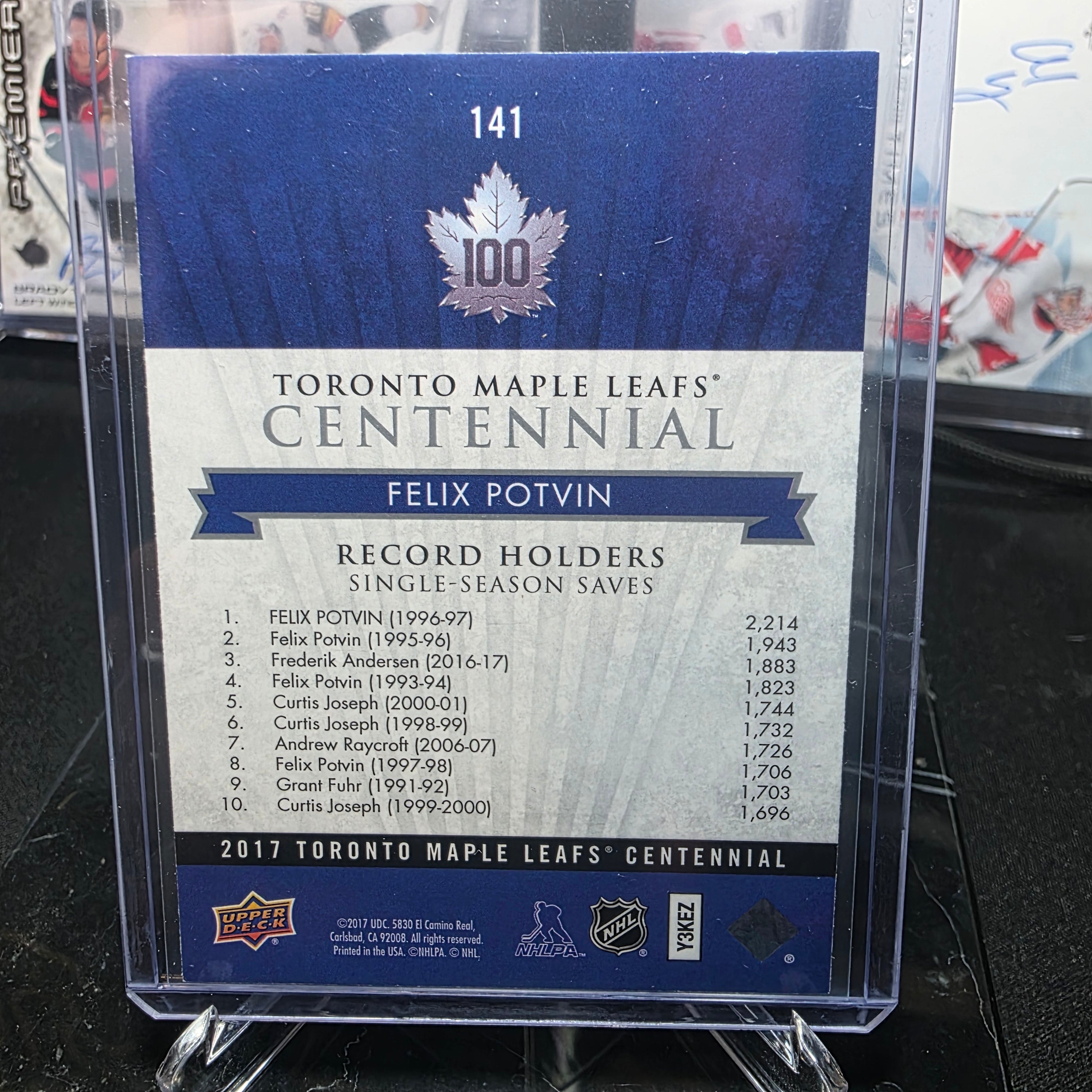 2017 Upper Deck Toronto Maple Leafs Centennial 141 Felix Potvin Record Holders Single-Season Saves