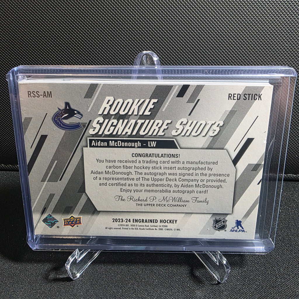 2023-24 Upper Deck Engrained Rookie Signature Shots Red Stick Auto 94/99 RSS-AM Aidan McDonough Canucks
