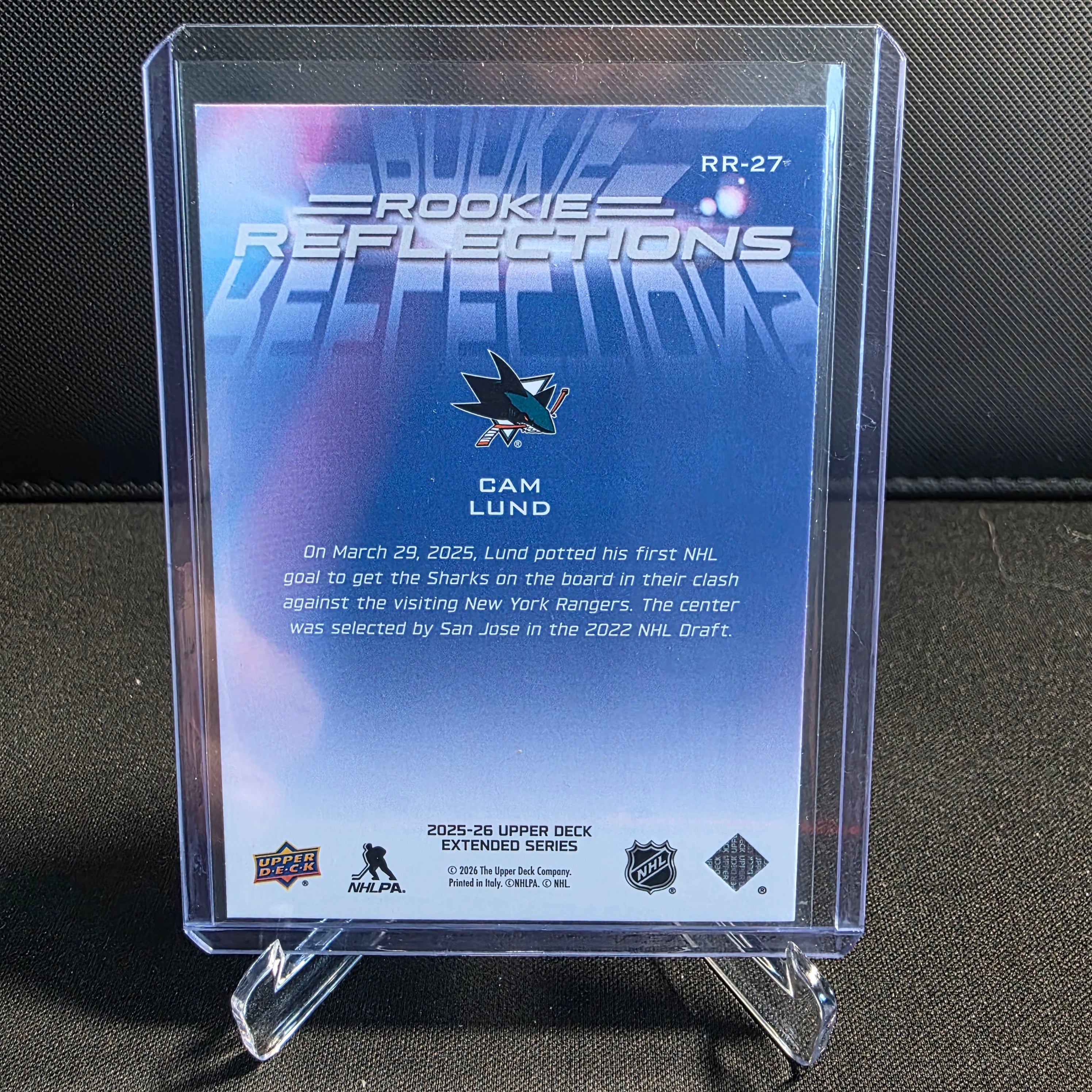2025-26 Upper Deck Extended Series Rookie Reflections RR-27 Cam Lund Sharks